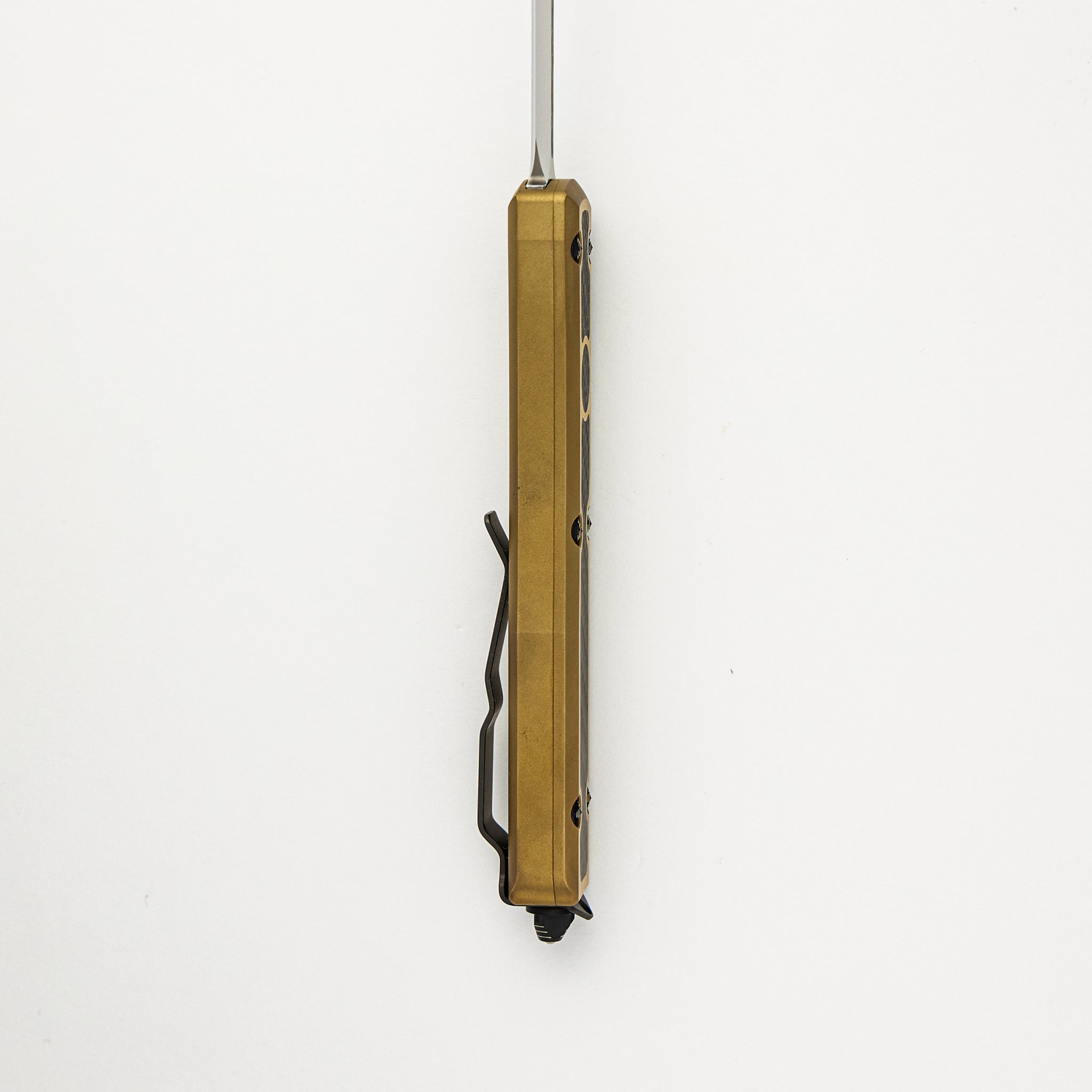 Marfione Custom Knives Ultratech - D/E Mirror Polish W/ Carbon Fiber Inlay - Two-Tone Brass W/ Carbon Fiber Inlay S/N 021