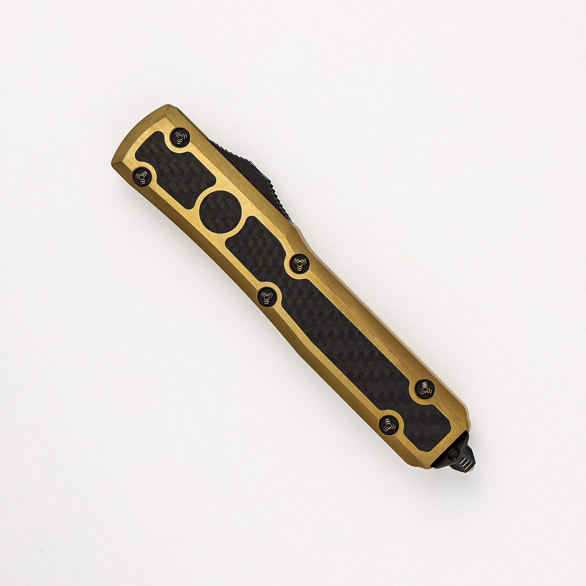 Marfione Custom Knives Ultratech - D/E Mirror Polish W/ Carbon Fiber Inlay - Two-Tone Brass W/ Carbon Fiber Inlay S/N 021