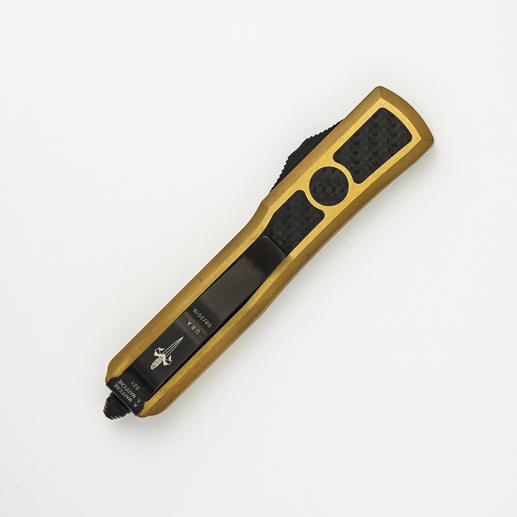 Marfione Custom Knives Ultratech - D/E Mirror Polish W/ Carbon Fiber Inlay - Two-Tone Brass W/ Carbon Fiber Inlay S/N 021
