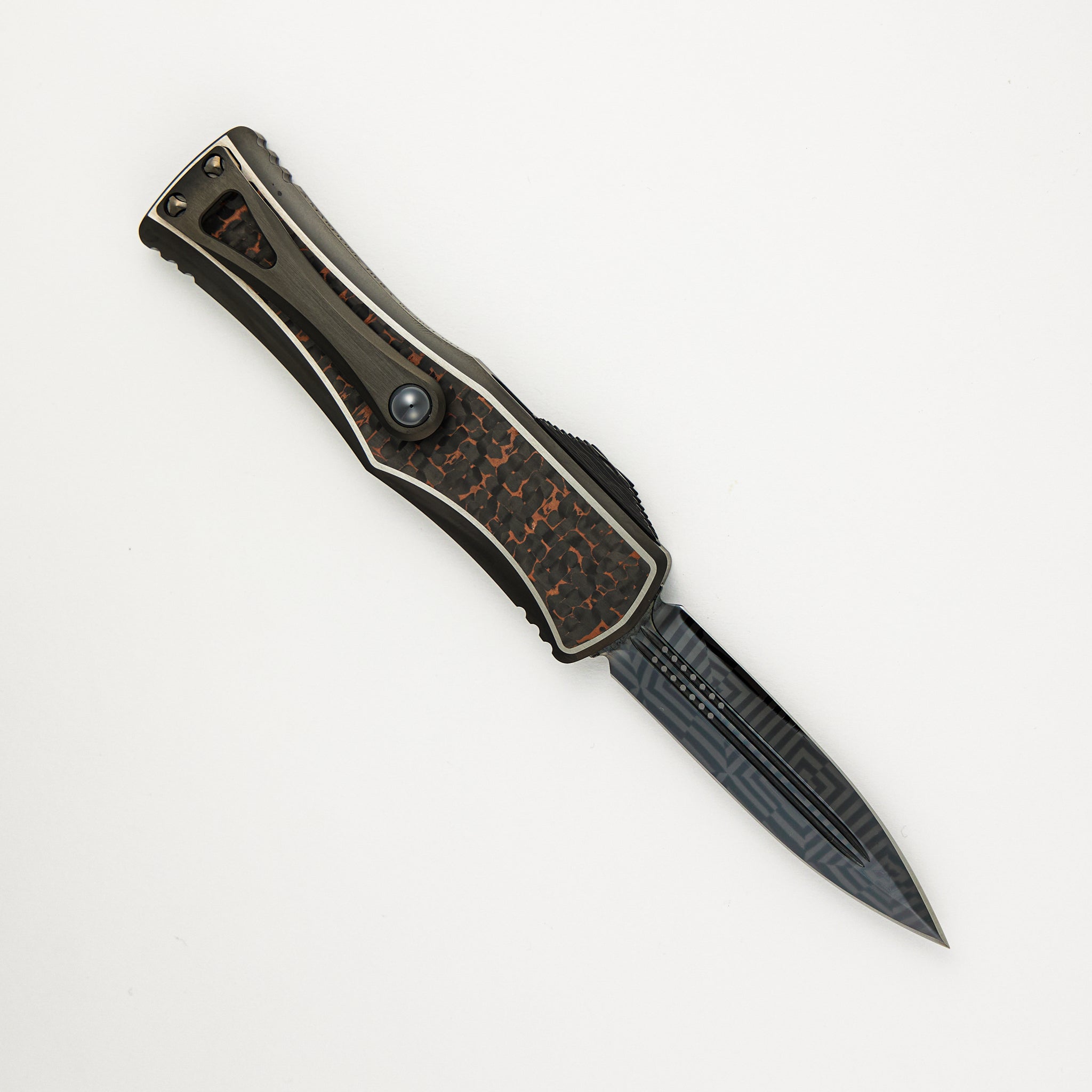 Marfione Custom Knives Hera - D/E Hot Blued Mosaic Blade - DLC Titanium/Snakeskin Copper Fat Carbon - S/N 011