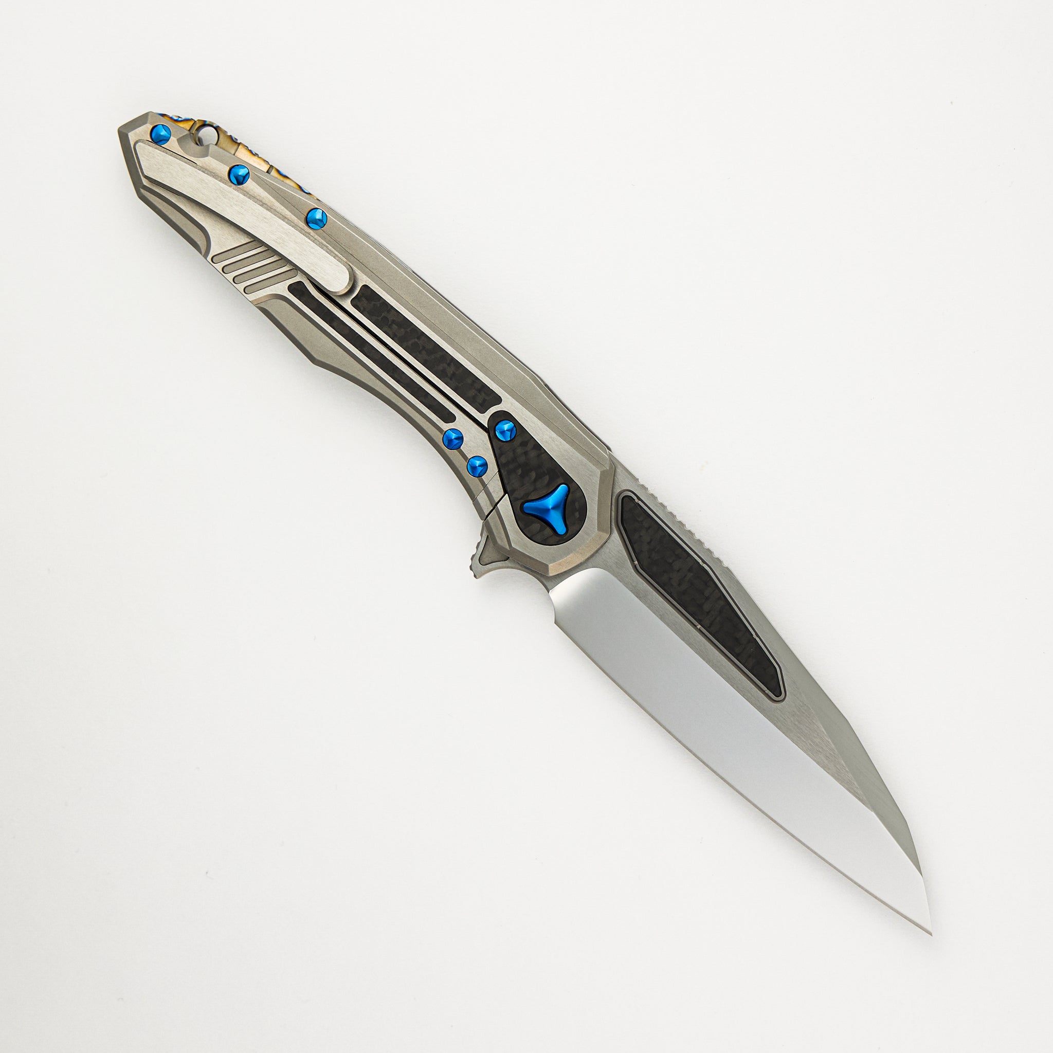 Marfione Custom Knives Super Sigil MK6 - Mirror Polish / Carbon Fiber Inlay M390 - Two-Tone Double Vapor Blast Ti W/ Carbon Fiber Inlay S/N 008