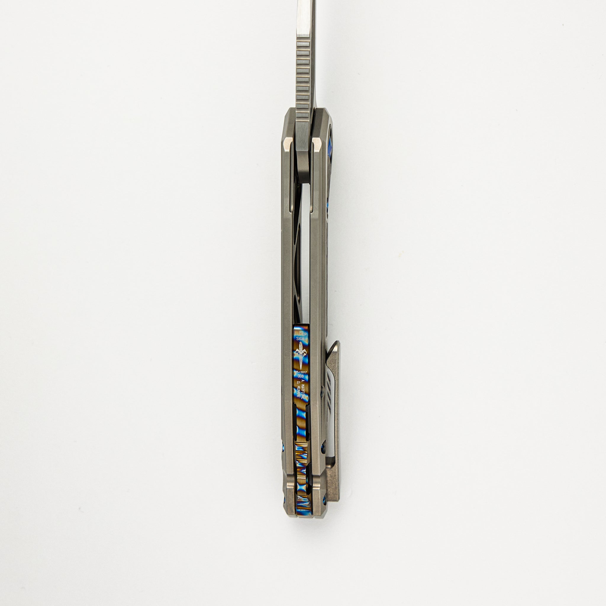 Marfione Custom Knives Super Sigil MK6 - Mirror Polish / Carbon Fiber Inlay M390 - Two-Tone Double Vapor Blast Ti W/ Carbon Fiber Inlay S/N 008