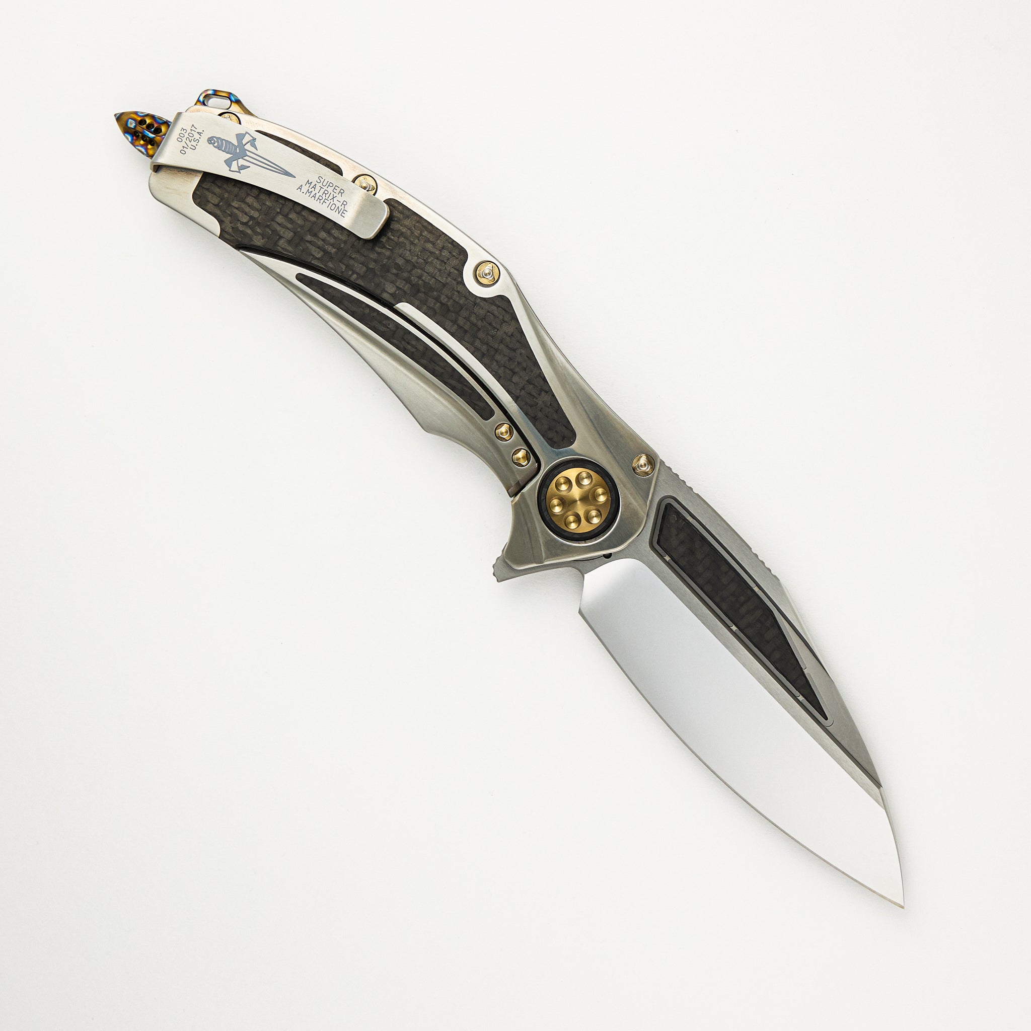 Marfione Custom Knives Super Matrix - R - Mirror Polish W/ Carbon Fiber Inlay - Hand Rub Satin Titanum W/ Carbon Fiber Inlay S/N 003