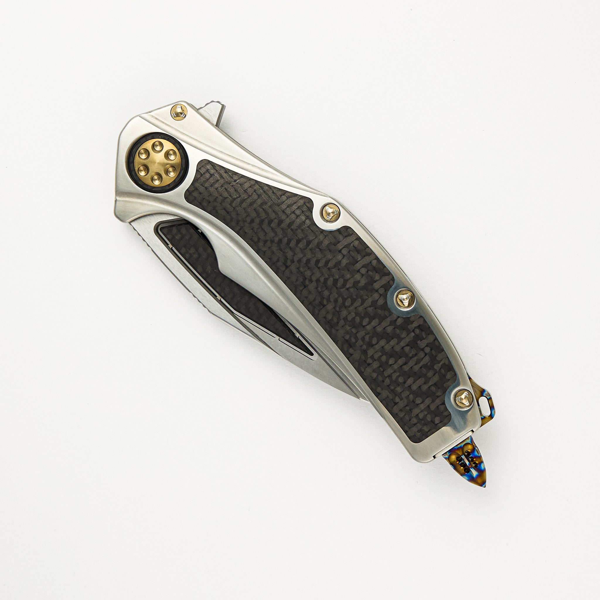 Marfione Custom Knives Super Matrix - R - Mirror Polish W/ Carbon Fiber Inlay - Hand Rub Satin Titanum W/ Carbon Fiber Inlay S/N 003
