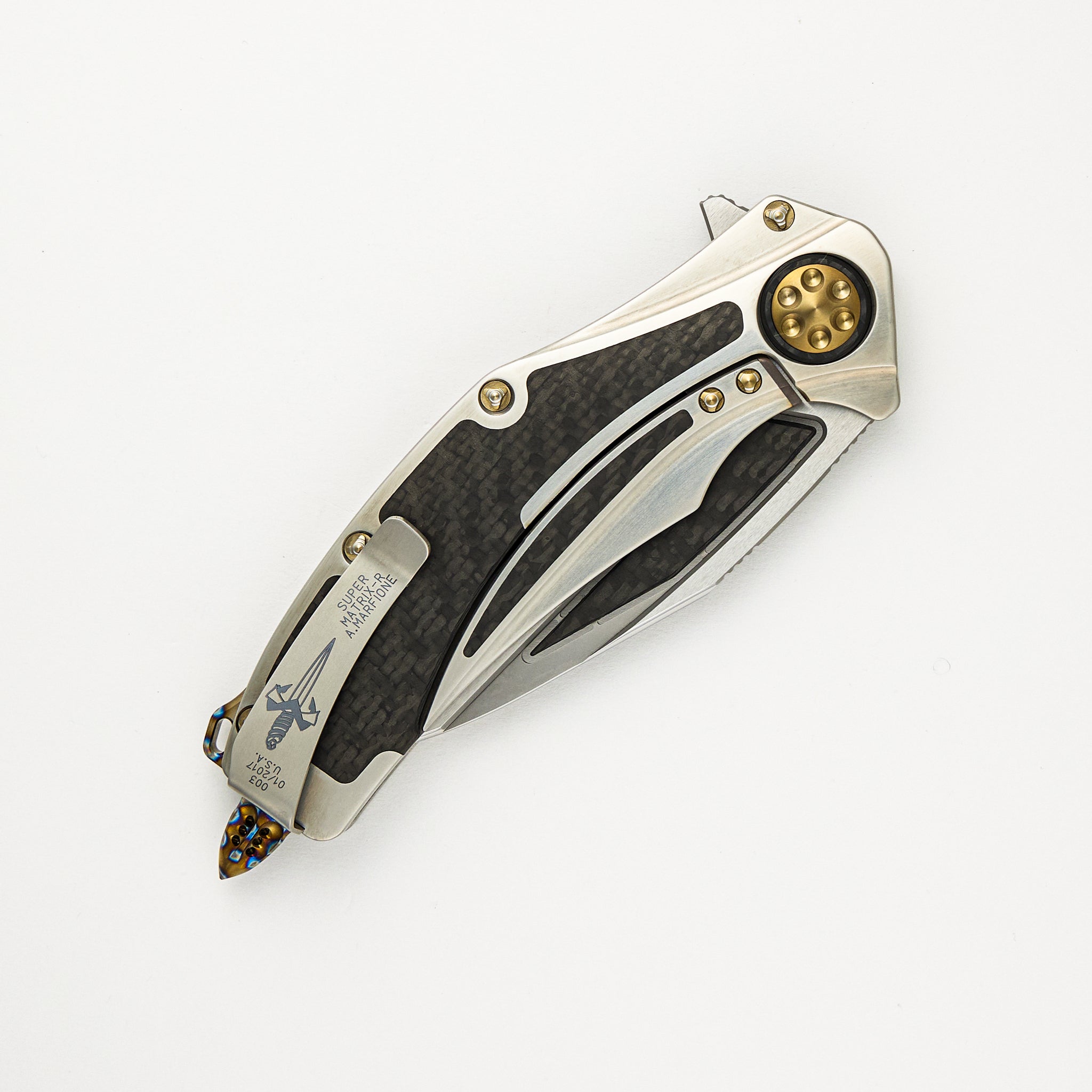 Marfione Custom Knives Super Matrix - R - Mirror Polish W/ Carbon Fiber Inlay - Hand Rub Satin Titanum W/ Carbon Fiber Inlay S/N 003