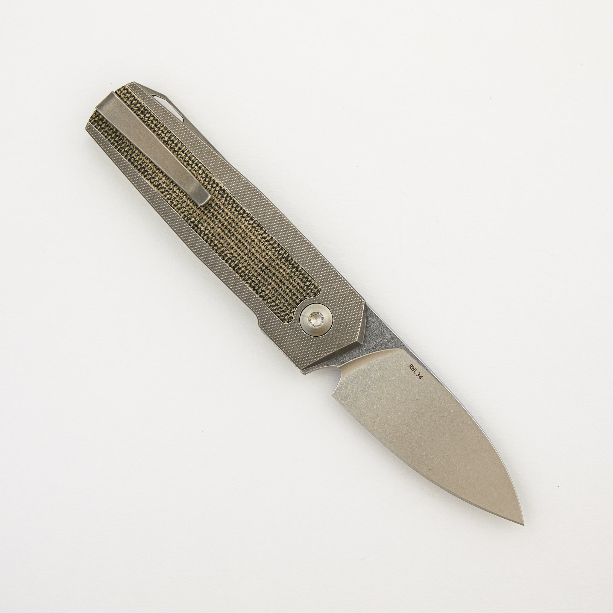 ARN - Grey/Satin - Titanium Handle - Green Canvas Micarta Inlays - RWL34 Blade - #122