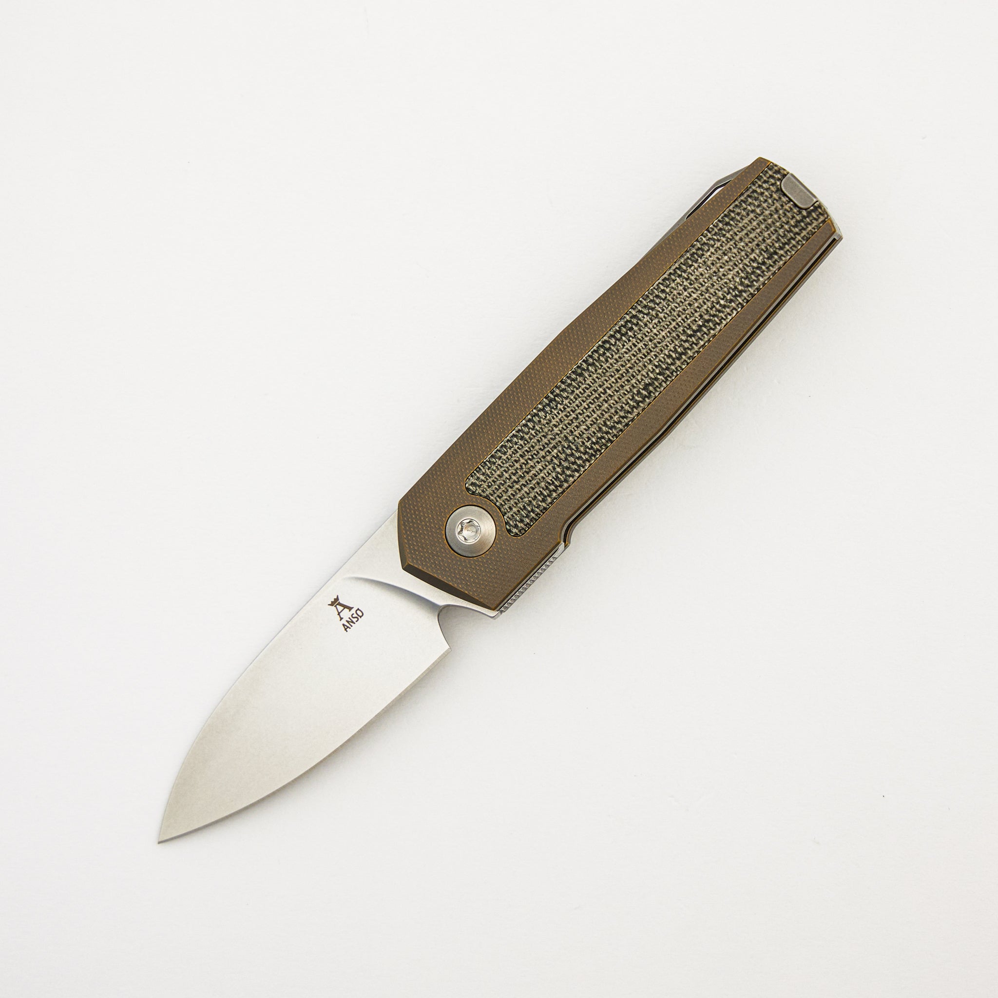 ARN - Amber/Satin - Titanium Handle - Green Canvas Micarta Inlays - RWL34 Blade - #125