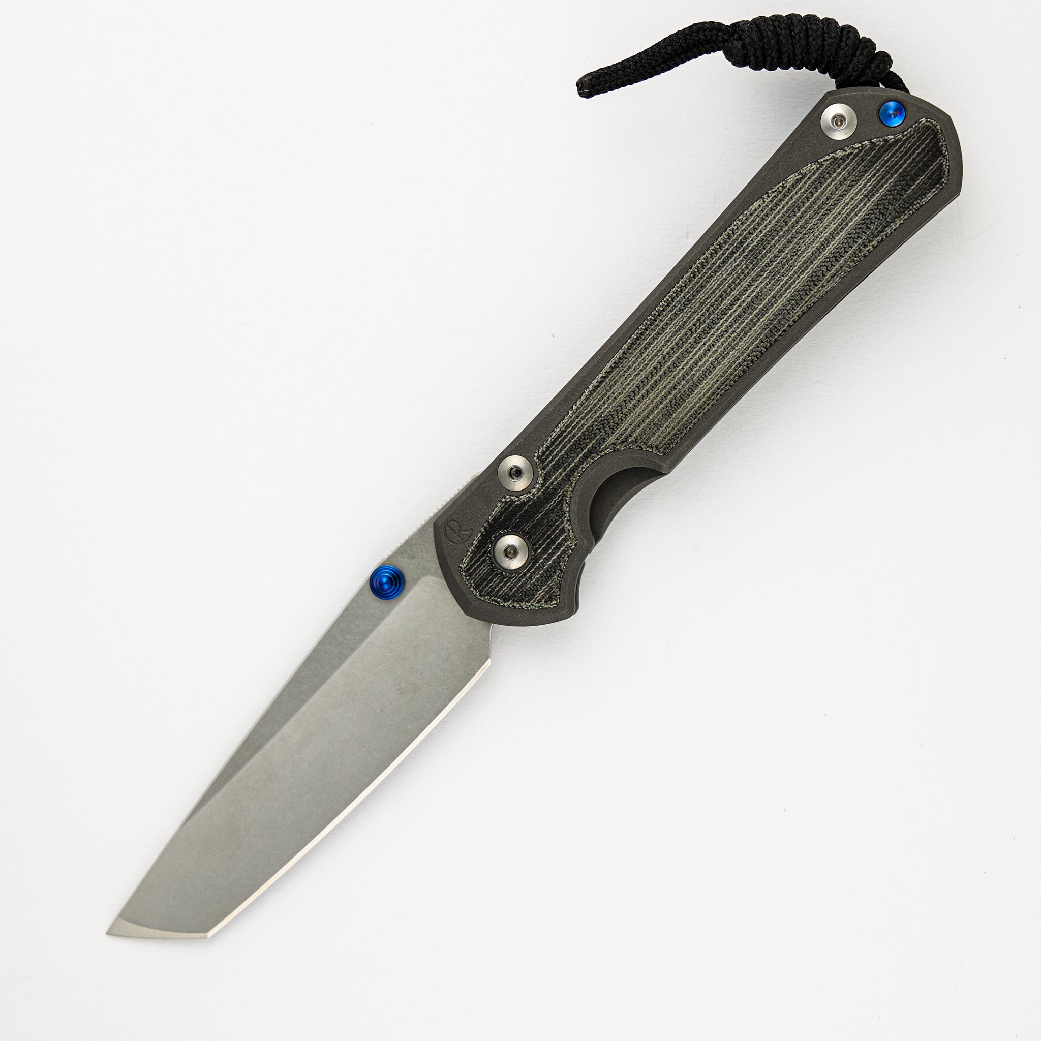 LARGE SEBENZA 31 BLACK CANVAS MICARTA INLAY – TANTO CPM MAGNACUT BLADE – BLUE DOUBLE THUMB LUGS