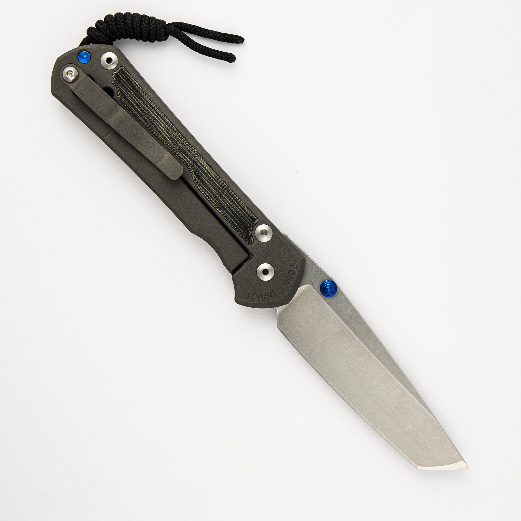 CHRIS REEVE LARGE SEBENZA 31 BLACK CANVAS MICARTA INLAY – TANTO CPM MAGNACUT BLADE – BLUE DOUBLE THUMB LUGS