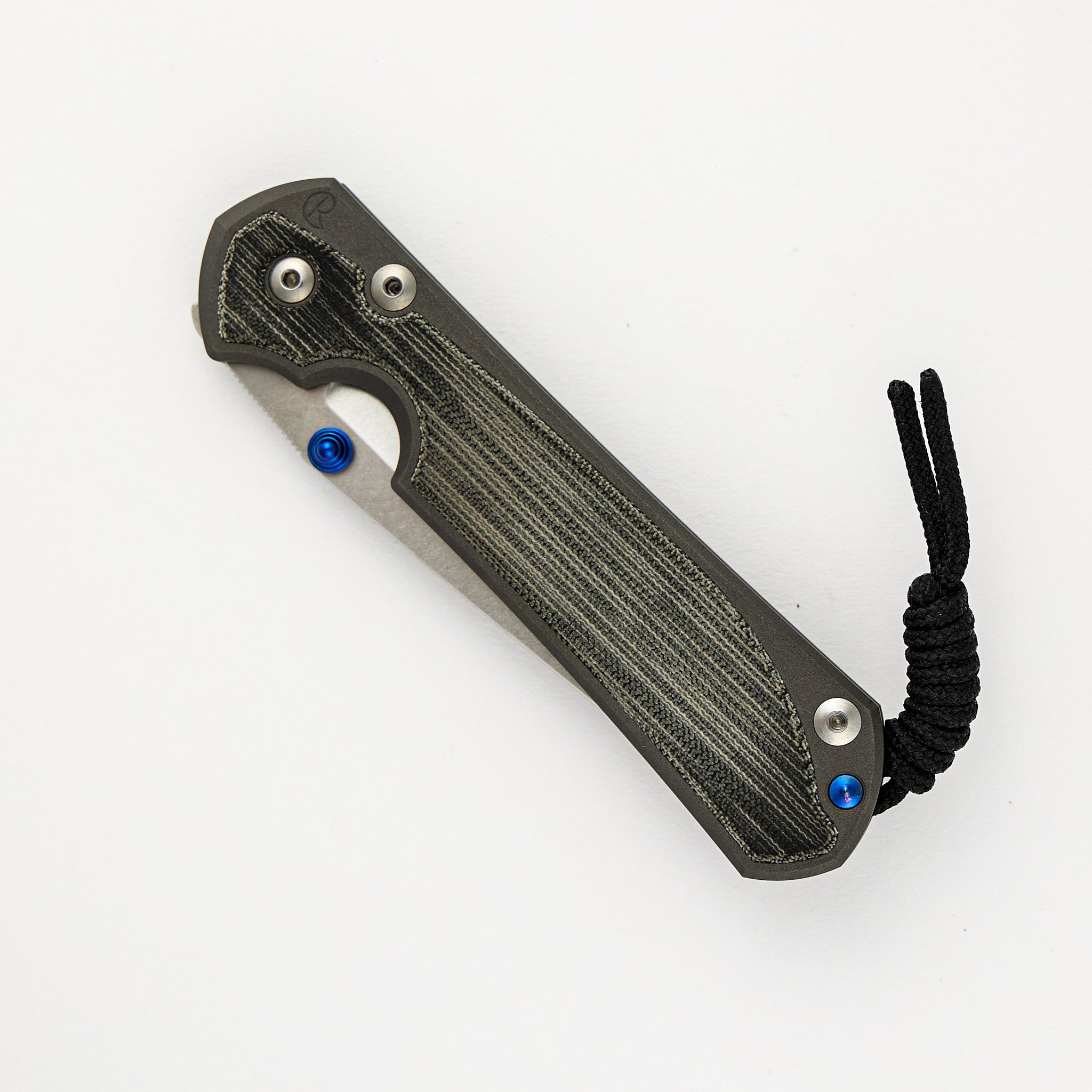 LARGE SEBENZA 31 BLACK CANVAS MICARTA INLAY – TANTO CPM MAGNACUT BLADE – BLUE DOUBLE THUMB LUGS