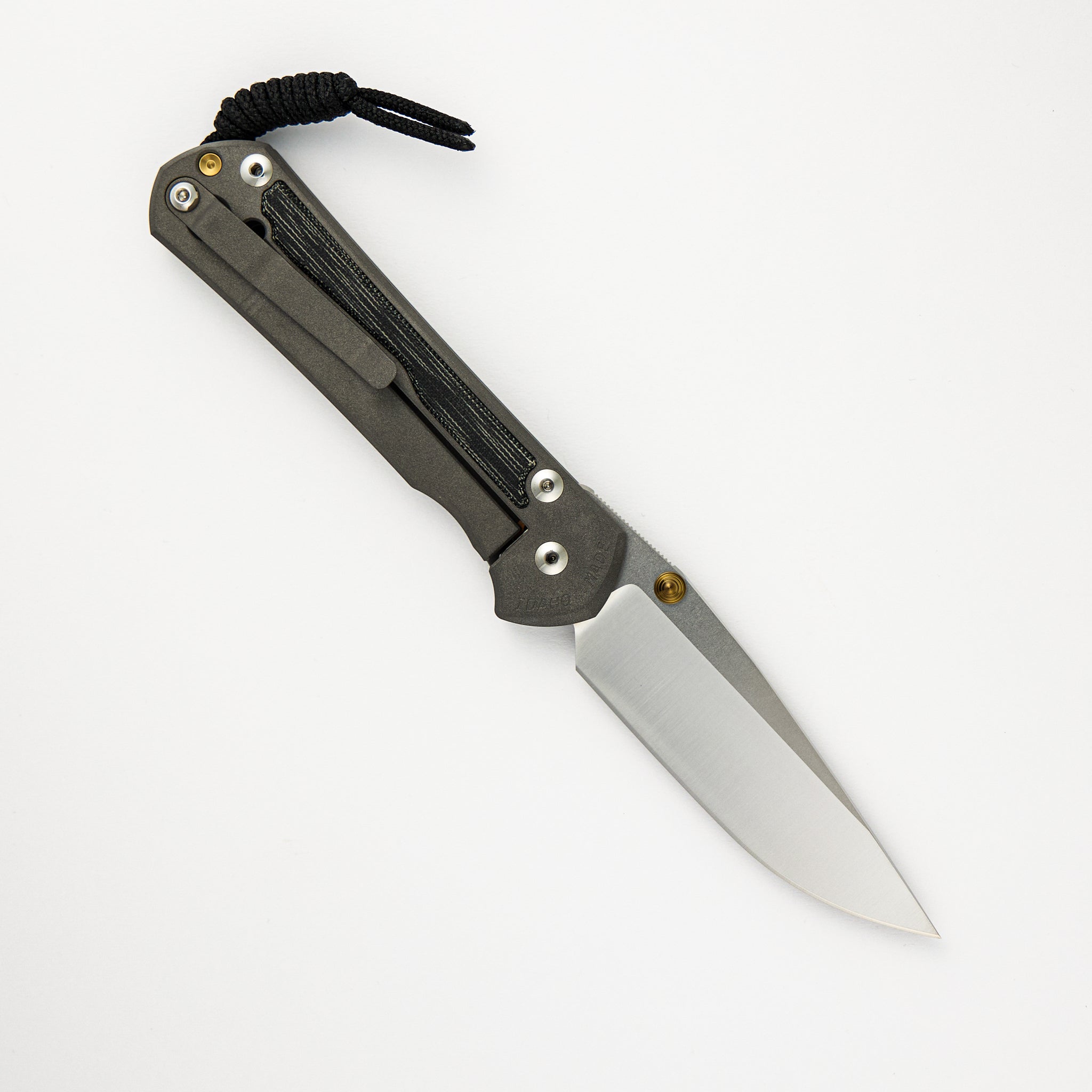 LARGE SEBENZA 31 BLACK CANVAS MICARTA INLAY – POLISHED CPM MAGNACUT BLADE – GOLD DOUBLE THUMB LUGS