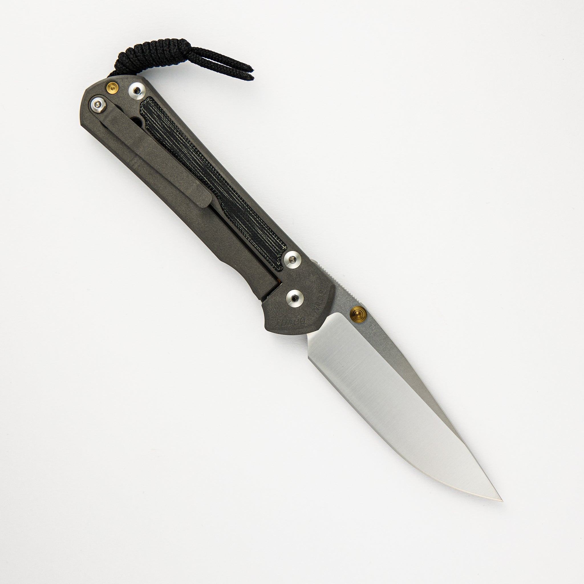 CHRIS REEVE LARGE SEBENZA 31 BLACK CANVAS MICARTA INLAY – POLISHED CPM MAGNACUT BLADE – GOLD DOUBLE THUMB LUGS