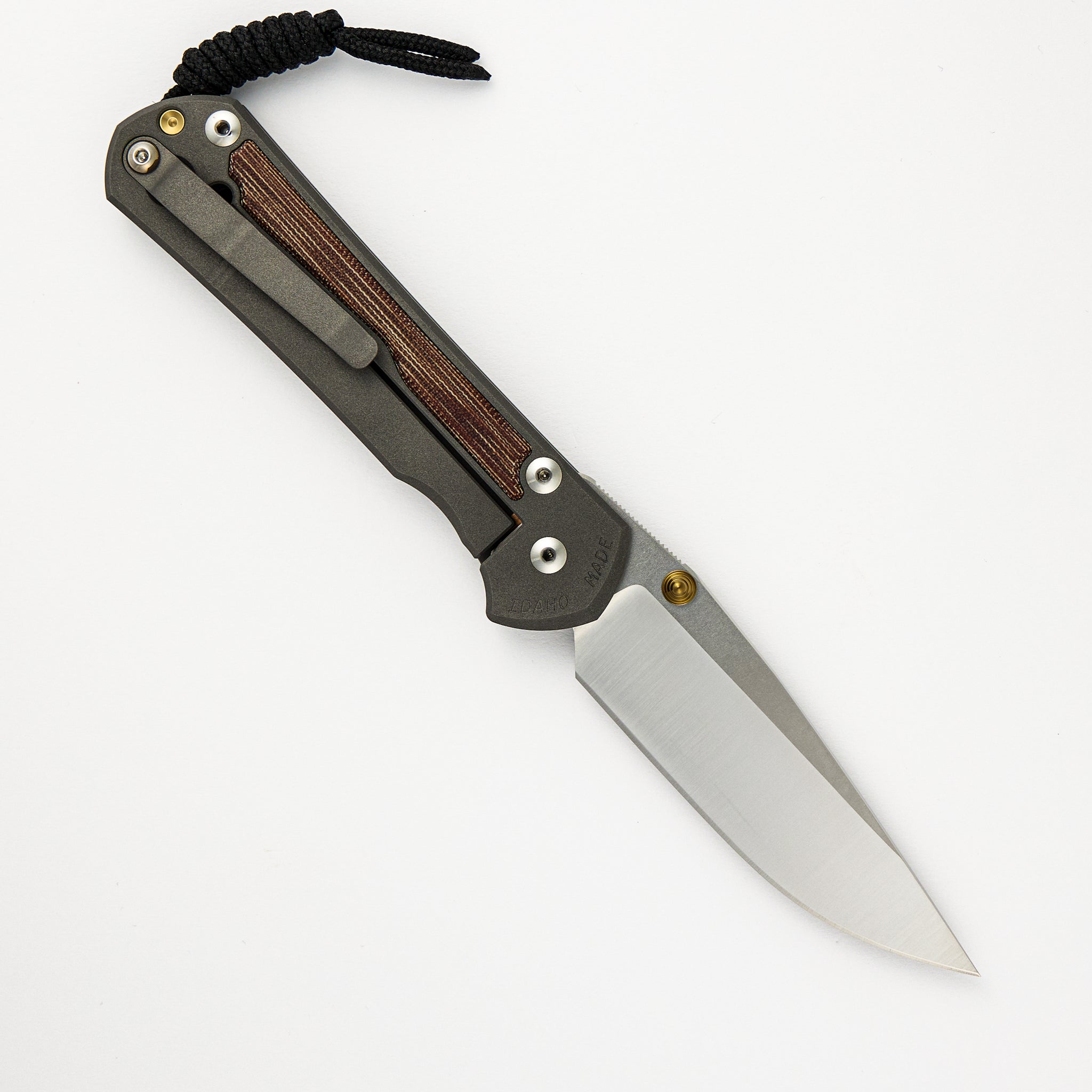 CHRIS REEVE LARGE SEBENZA 31 NATURAL CANVAS MICARTA INLAY – POLISHED CPM MAGNACUT BLADE – GOLD DOUBLE THUMB LUGS