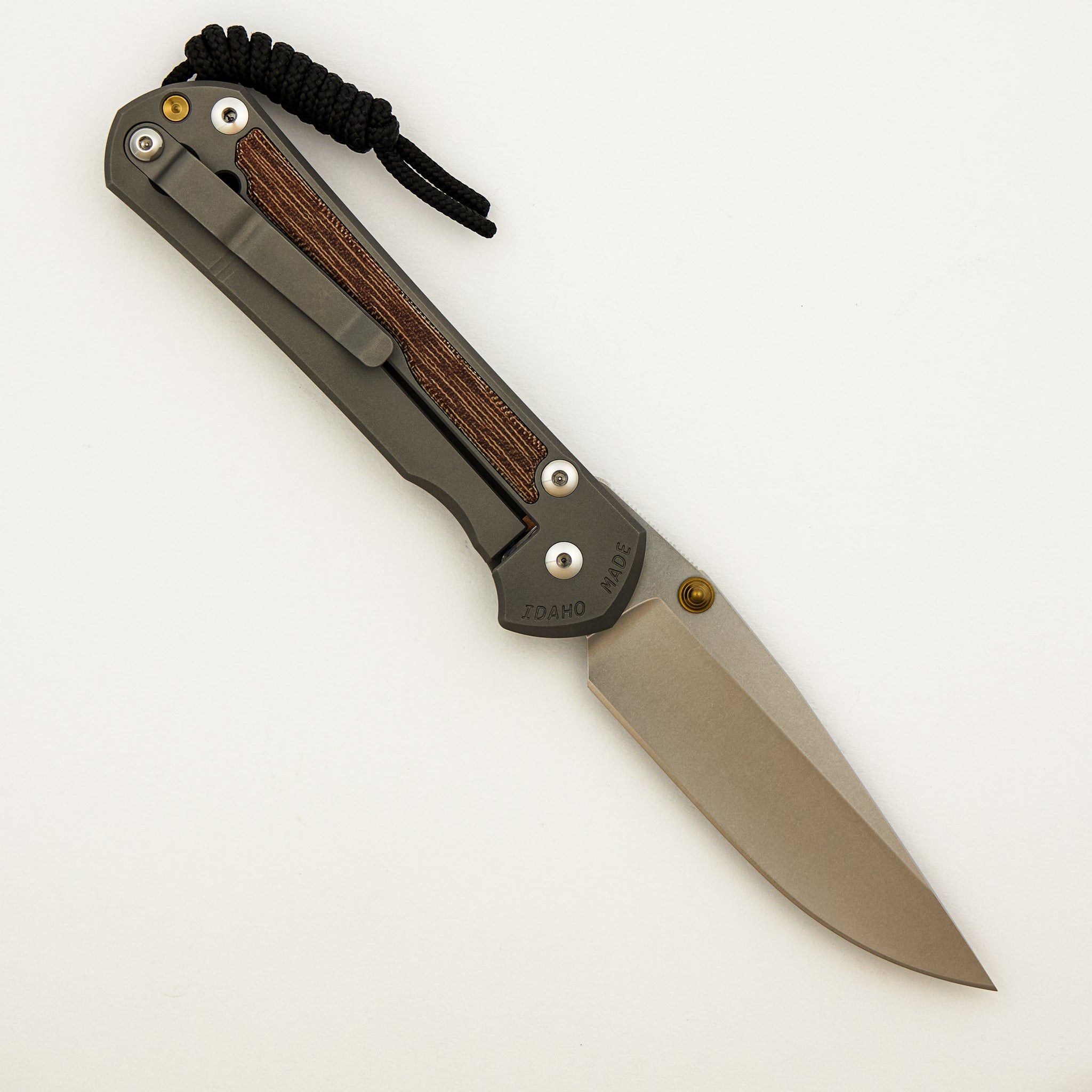 Large Sebenza 31 - Natural Canvas Micarta Inlay - Drop Point CPM MagnaCut Blade - Glass Blasted - Gold Double Thumb Lugs