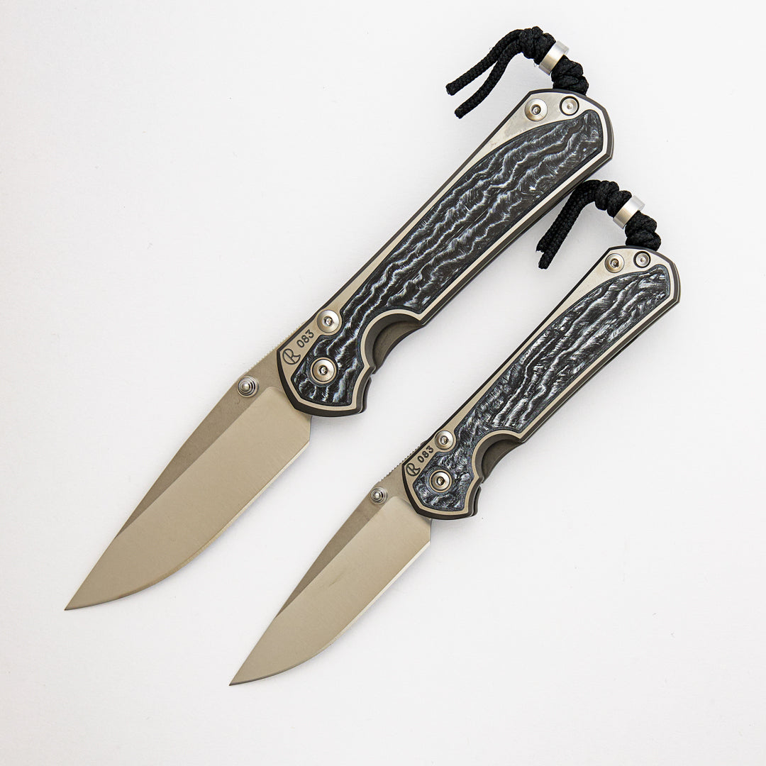 Large & Small Sebenza 31 Numbered Matched Set # 83 - White CarboTi Inlay - Polished Drop Point CPM MagnaCut Blade - Silver Double Lugs