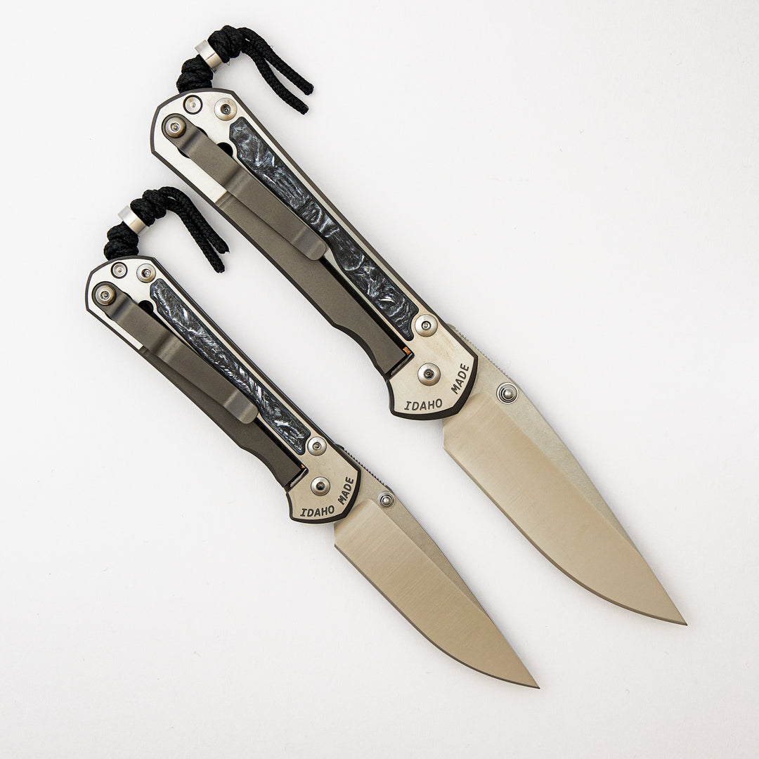 Large & Small Sebenza 31 Numbered Matched Set # 83 - White CarboTi Inlay - Polished Drop Point CPM MagnaCut Blade - Silver Double Lugs