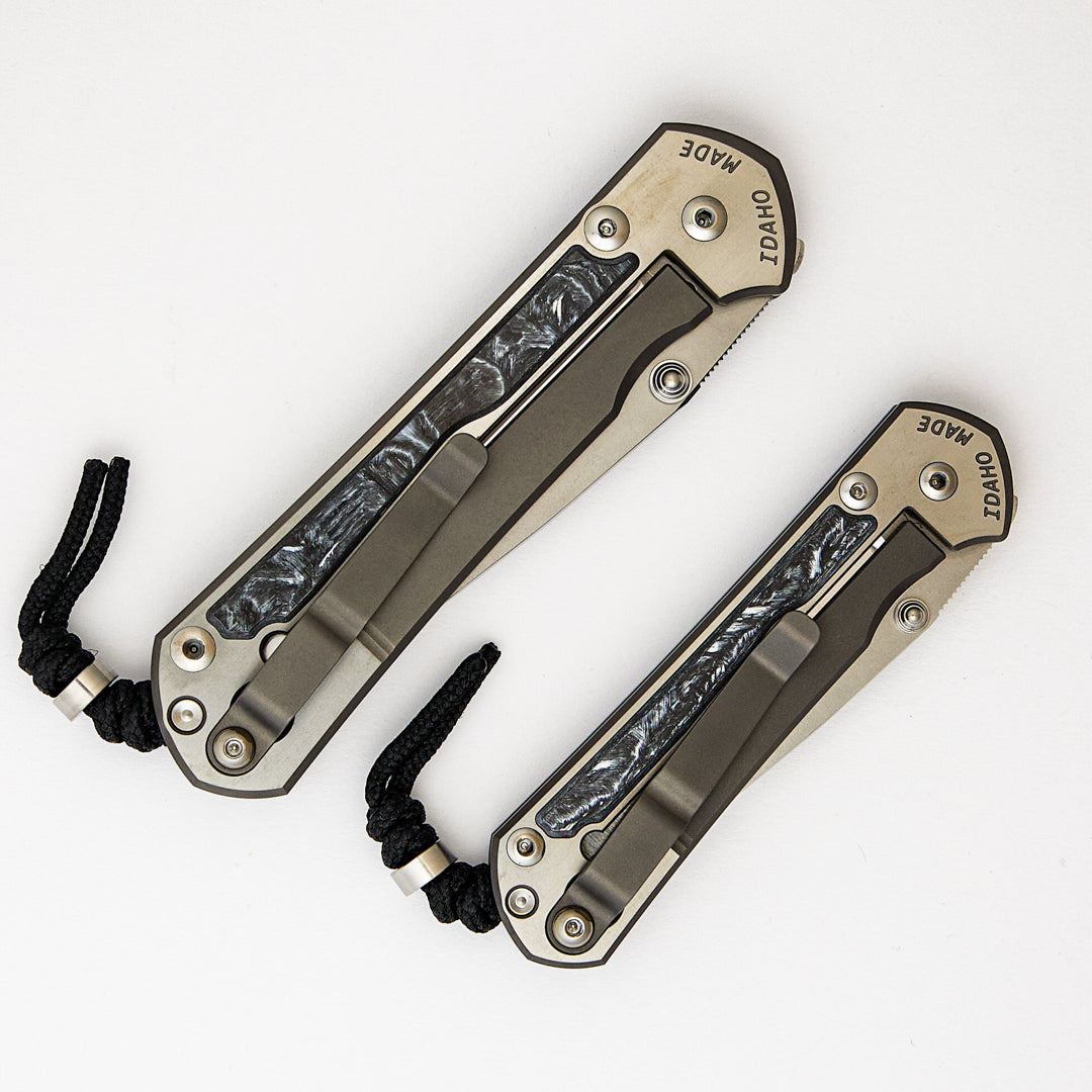 Large & Small Sebenza 31 Numbered Matched Set # 83 - White CarboTi Inlay - Polished Drop Point CPM MagnaCut Blade - Silver Double Lugs