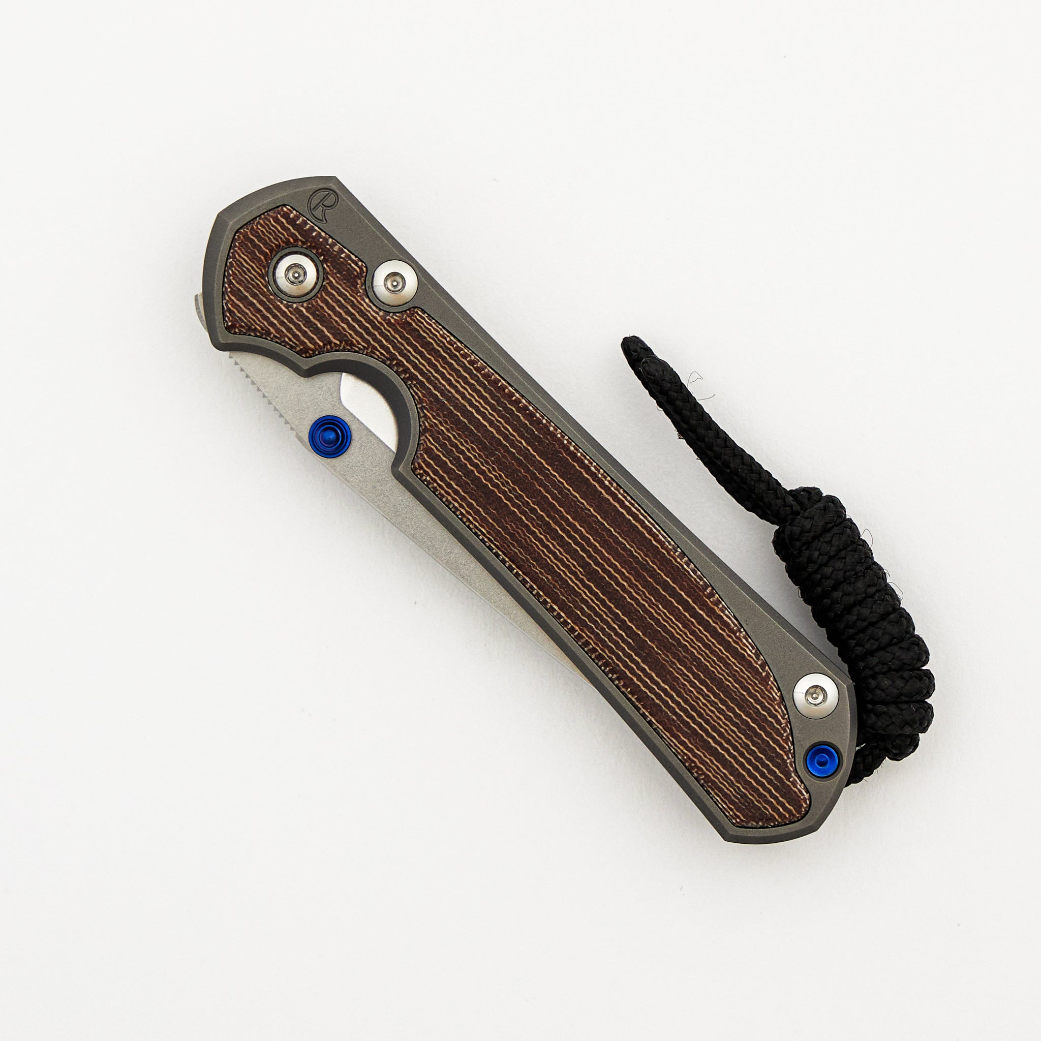 Small Sebenza 31 - Natural Canvas Micarta Inlay - Tanto CPM MagnaCut Blade - Glass Blasted - Blue Double Thumb Lugs