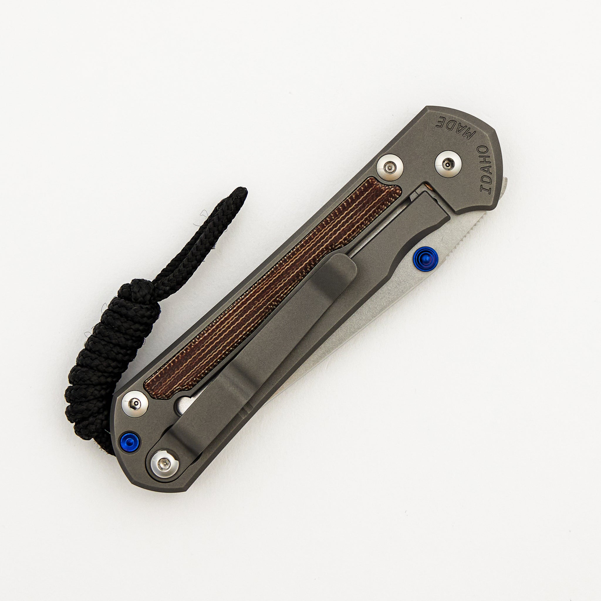 Small Sebenza 31 - Natural Canvas Micarta Inlay - Tanto CPM MagnaCut Blade - Glass Blasted - Blue Double Thumb Lugs