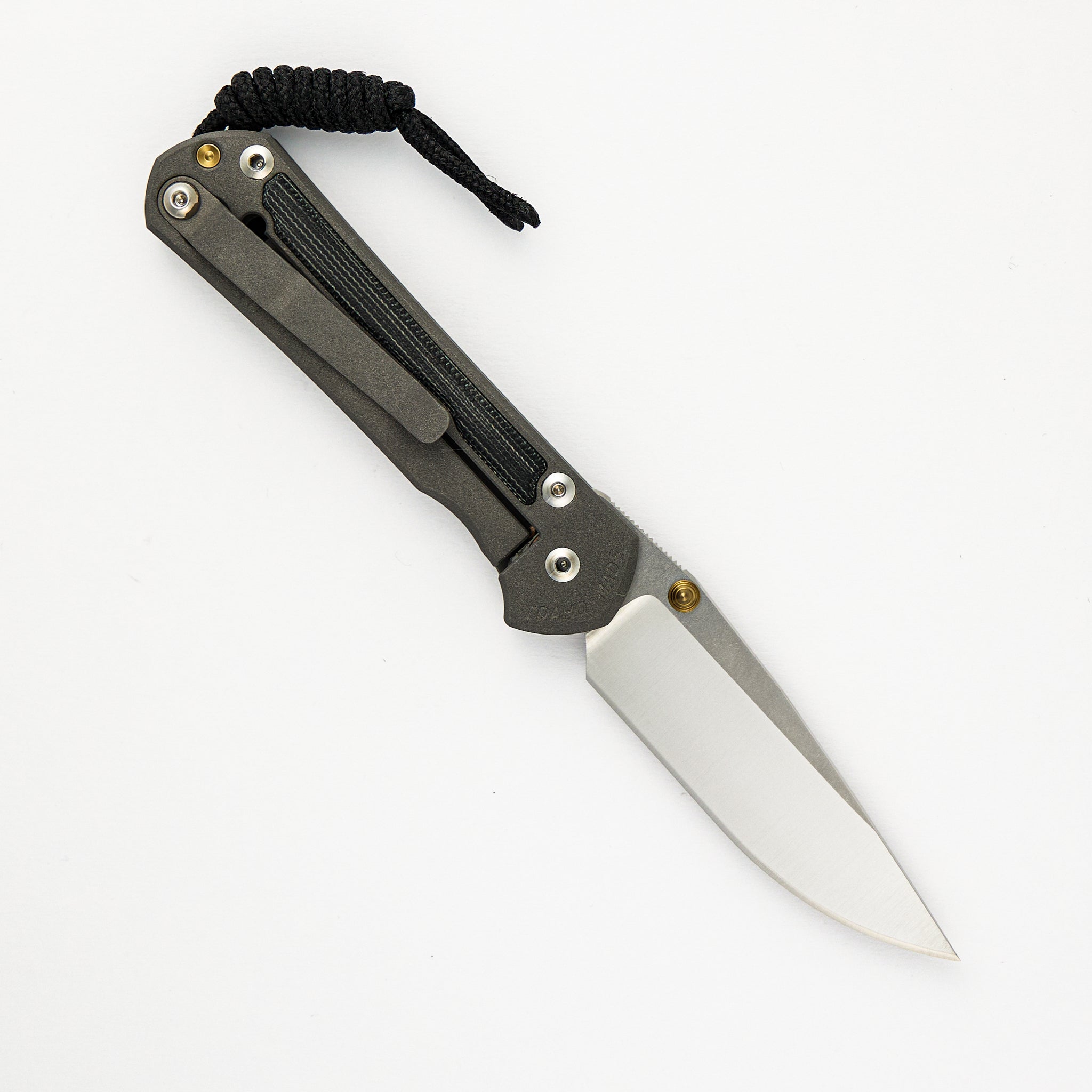 SMALL SEBENZA 31 BLACK CANVAS MICARTA INLAY – POLISHED CPM MAGNACUT BLADE – GOLD DOUBLE THUMB LUGS