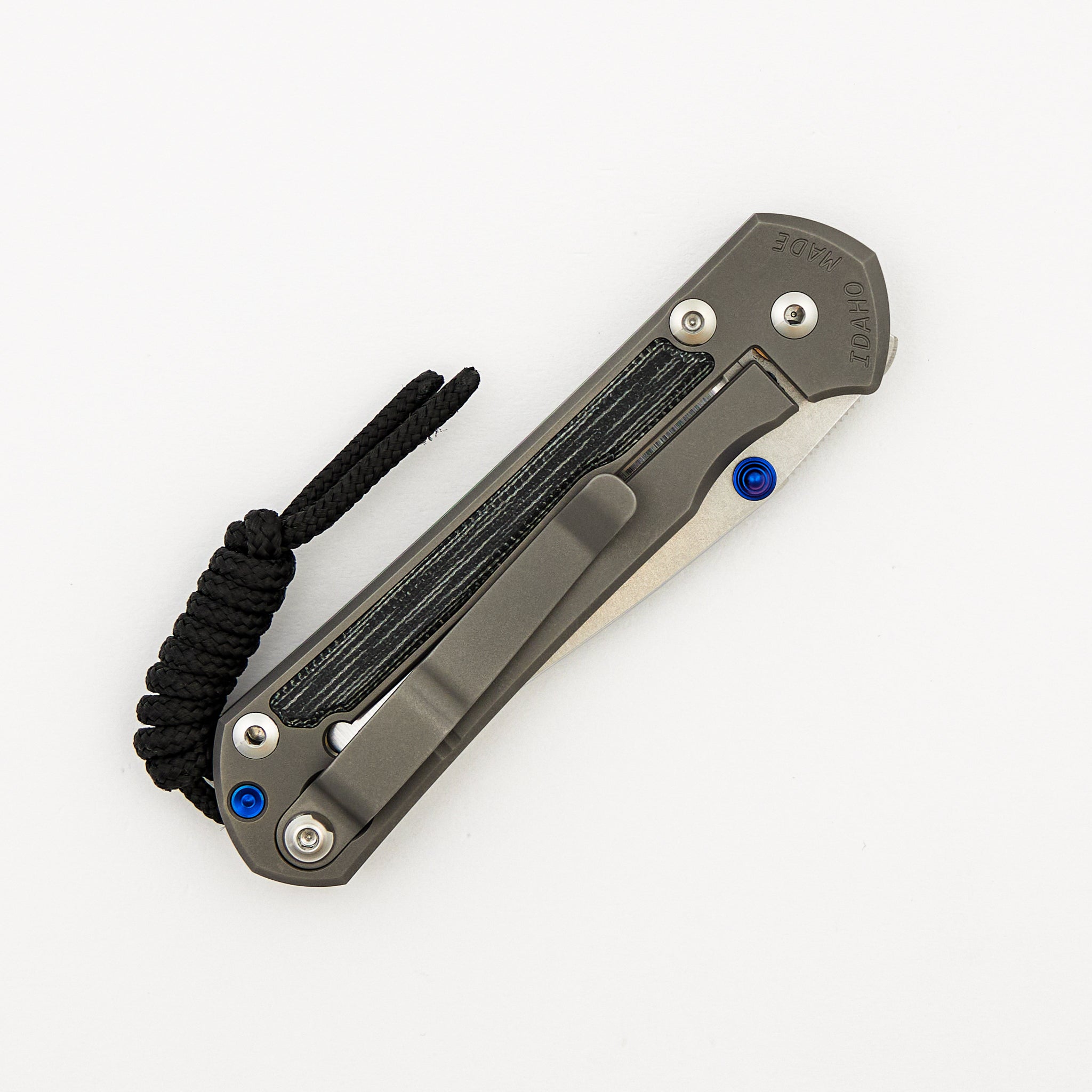 Small Sebenza 31 - Black Canvas Micarta Inlay - Polished Drop Point CPM MagnaCut Blade - Glass Blasted - Blue Double Thumb Lugs