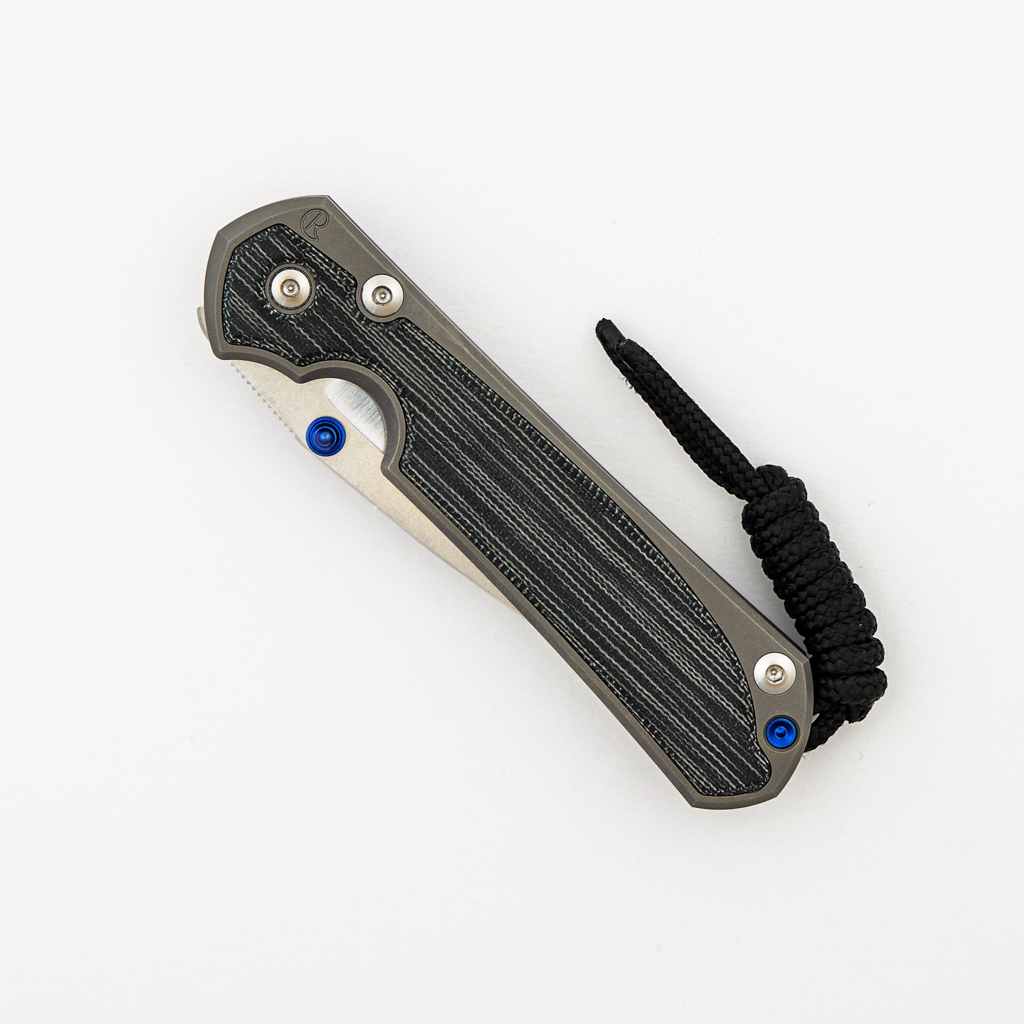 Small Sebenza 31 - Black Canvas Micarta Inlay - Polished Drop Point CPM MagnaCut Blade - Glass Blasted - Blue Double Thumb Lugs