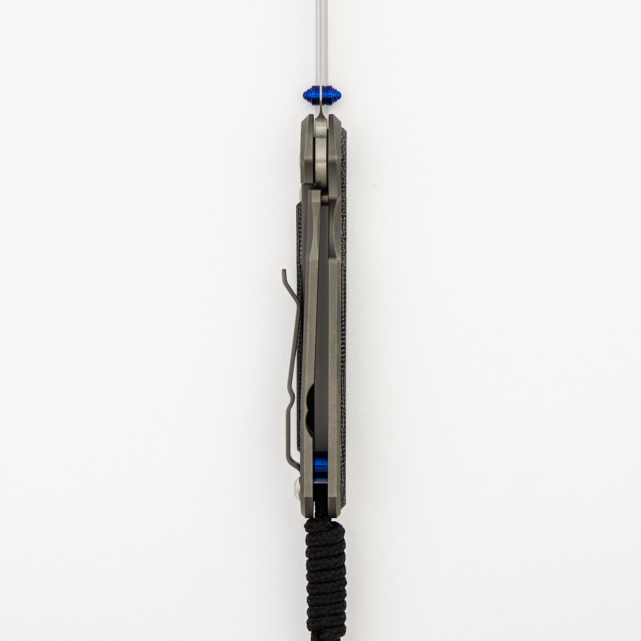 Small Sebenza 31 - Black Canvas Micarta Inlay - Polished Drop Point CPM MagnaCut Blade - Glass Blasted - Blue Double Thumb Lugs