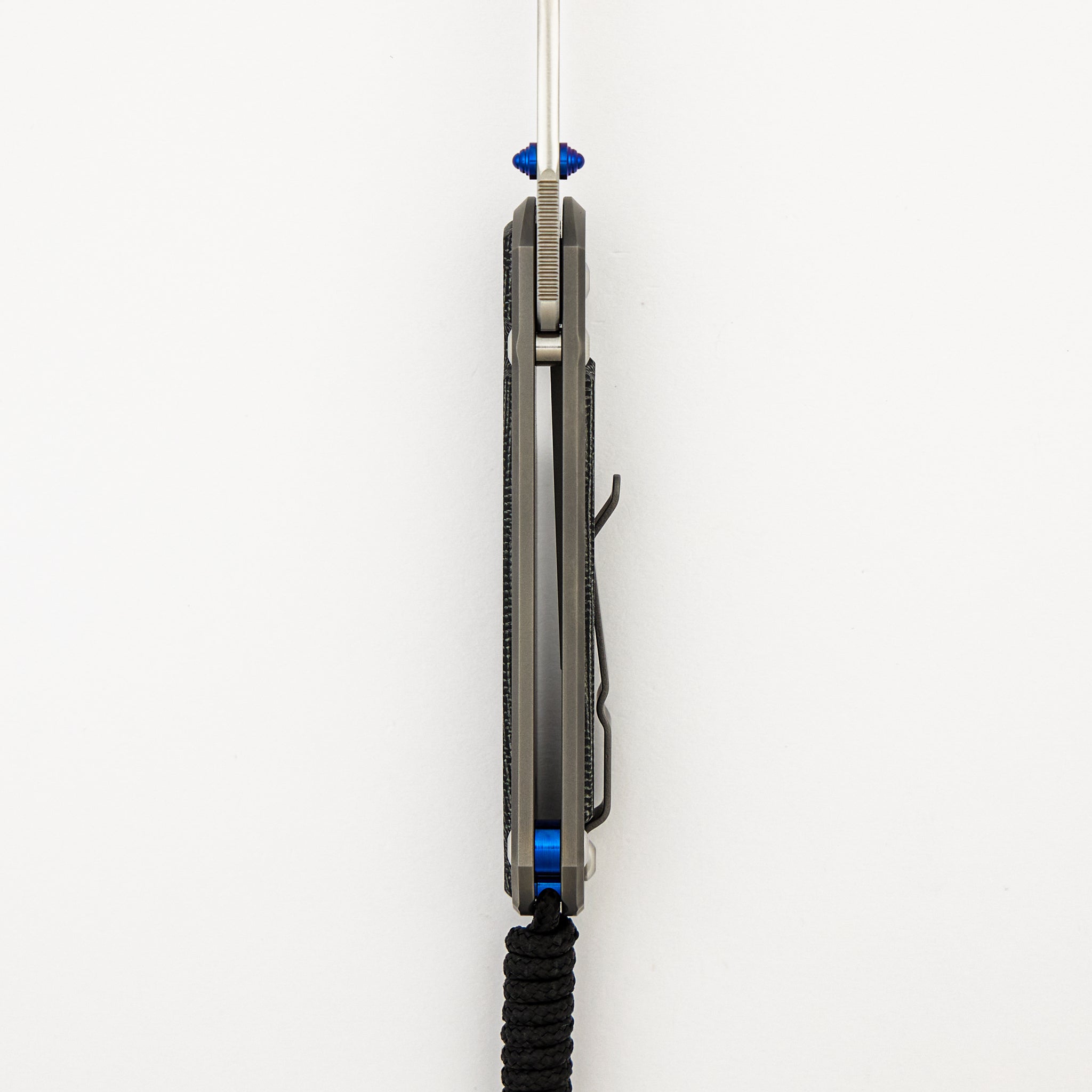 Small Sebenza 31 - Black Canvas Micarta Inlay - Polished Drop Point CPM MagnaCut Blade - Glass Blasted - Blue Double Thumb Lugs