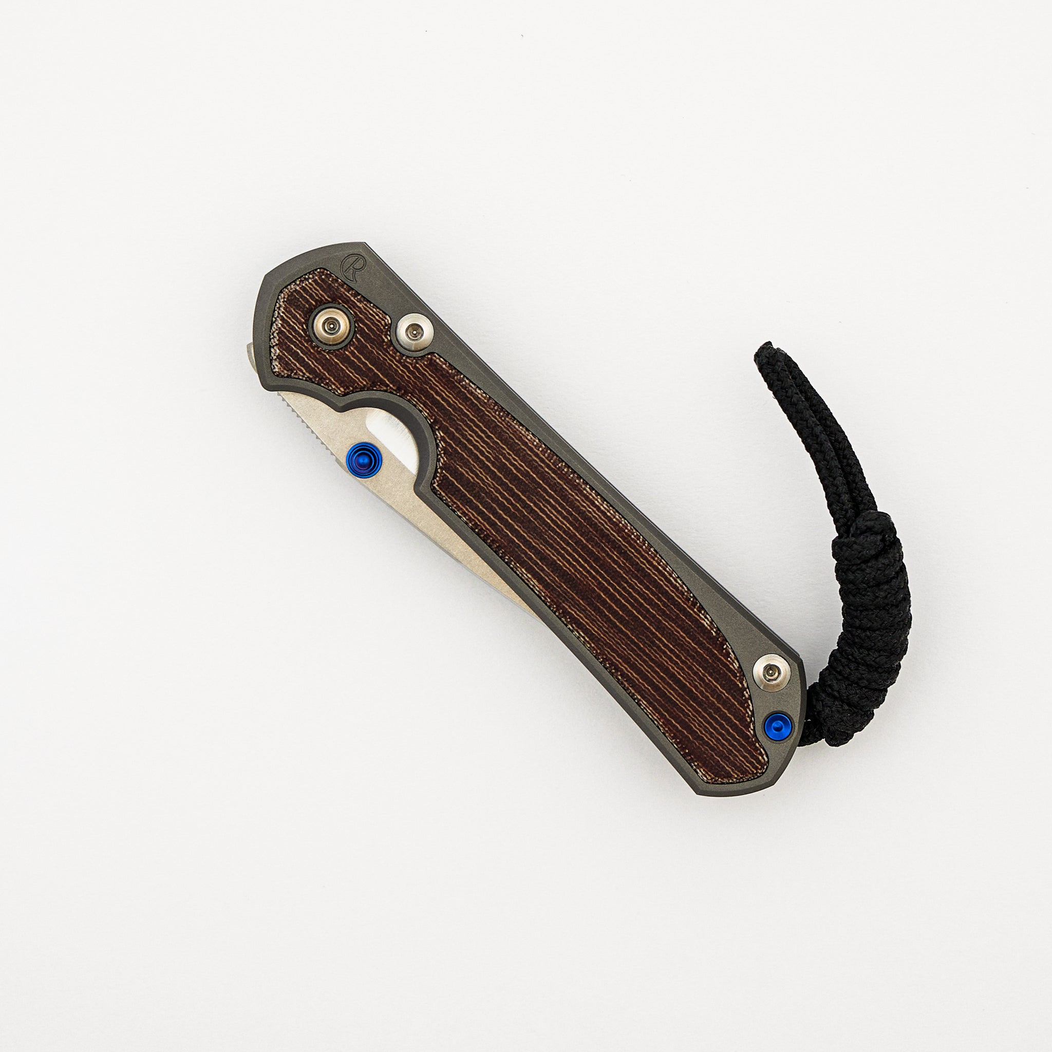 Small Sebenza 31 - Natural Canvas Micarta Inlay - Polished CPM MagnaCut Blade - Glass Blasted - Blue Double Thumb Lugs