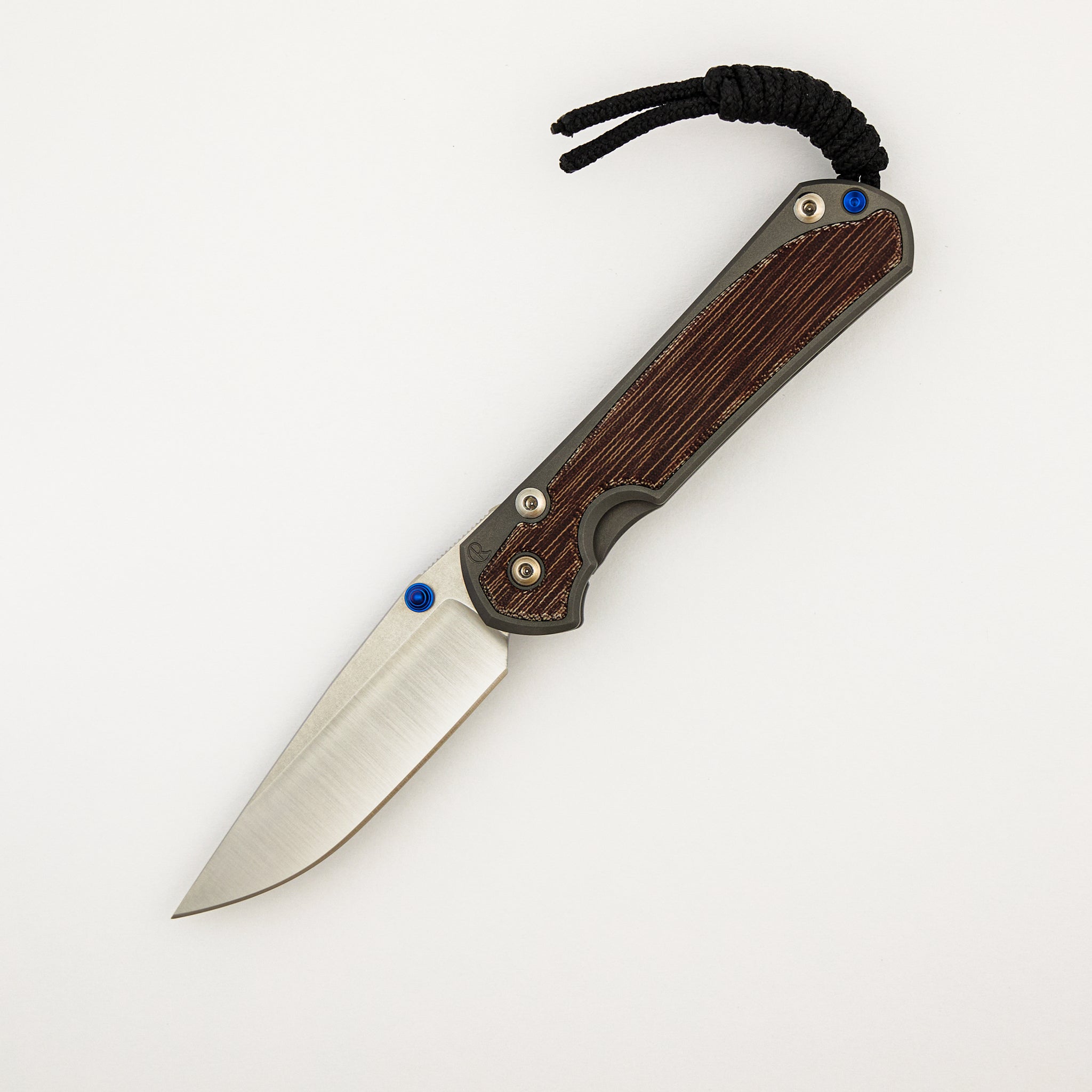 Small Sebenza 31 - Natural Canvas Micarta Inlay - Polished CPM MagnaCut Blade - Glass Blasted - Blue Double Thumb Lugs