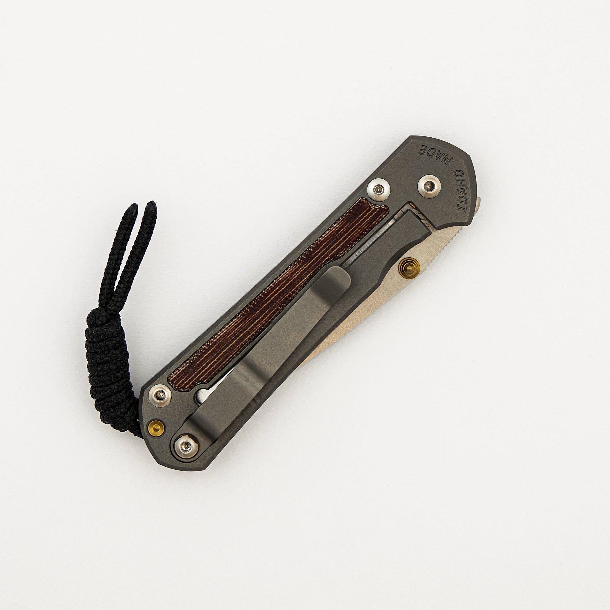 Small Sebenza 31 - Natural Canvas Micarta Inlay - Polished CPM MagnaCut Blade - Glass Blasted - Gold Double Thumb Lugs