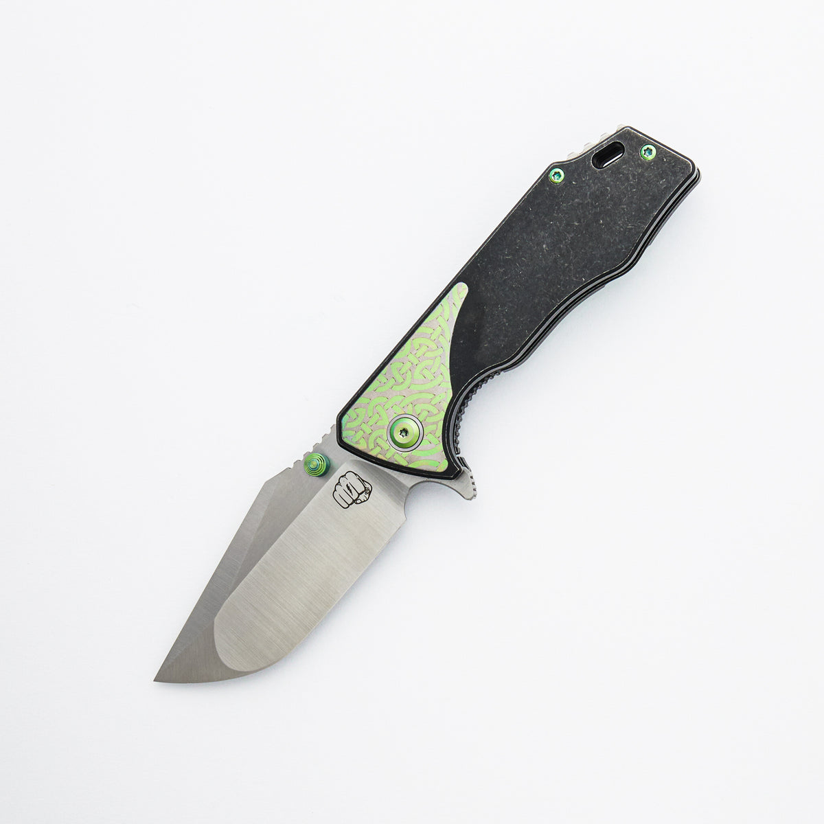 J-Cape V4 - CPM 20CV Blade - Black Titanium Handle - Silver/Green Celtic Titanium Inlays