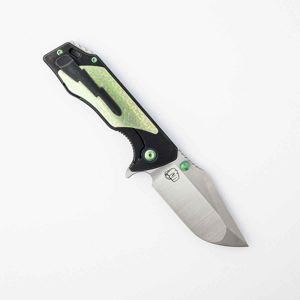 J-Cape V4 - CPM 20CV Blade - Black Titanium Handle - Silver/Green Celtic Titanium Inlays