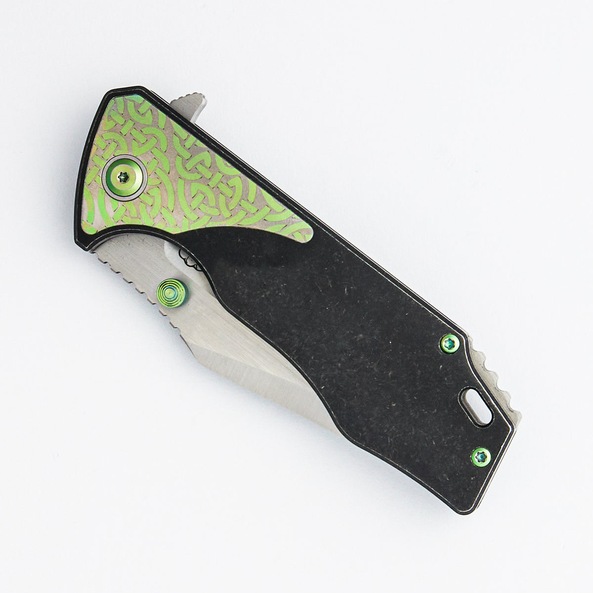 J-Cape V4 - CPM 20CV Blade - Black Titanium Handle - Silver/Green Celtic Titanium Inlays