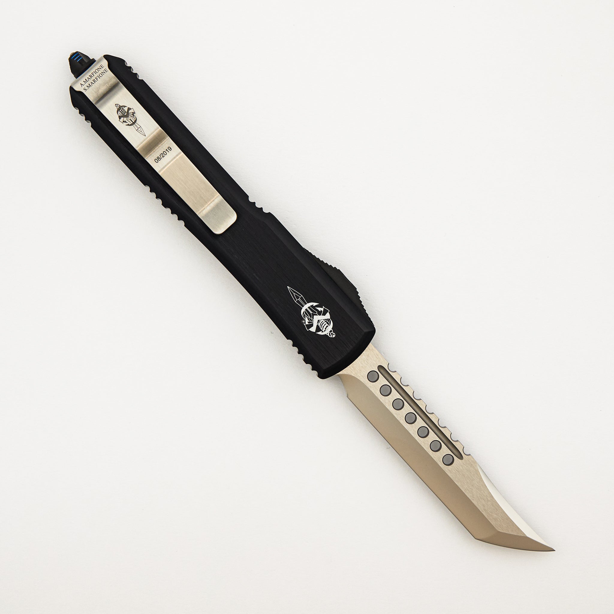 Marfione Custom Knives Ultratech - Hellhound Tanto Mirror Polish - Anodized Hefted Alloy W/ Blue Ringed Titanium HW