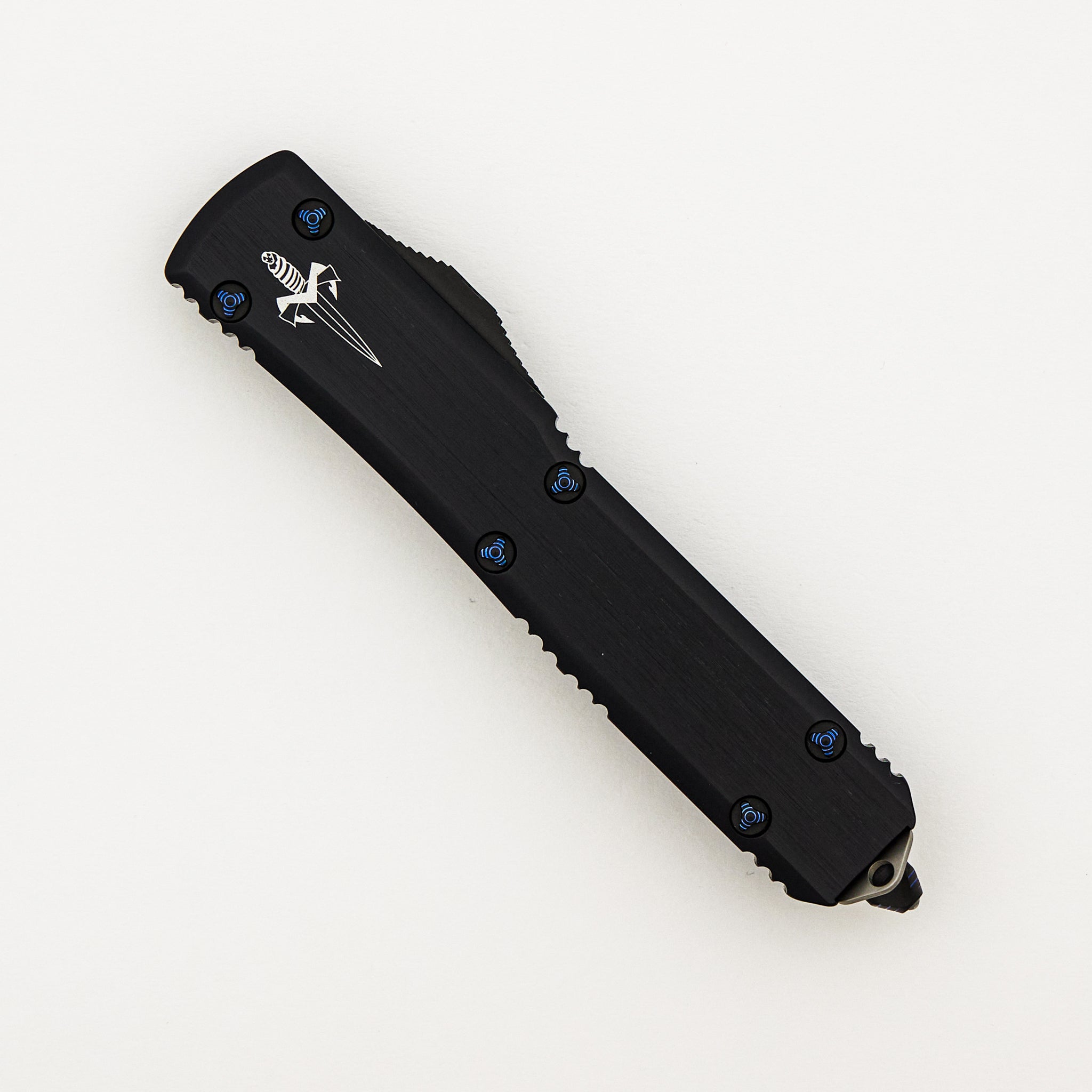 Marfione Custom Knives Ultratech - Hellhound Tanto Mirror Polish - Anodized Hefted Alloy W/ Blue Ringed Titanium HW