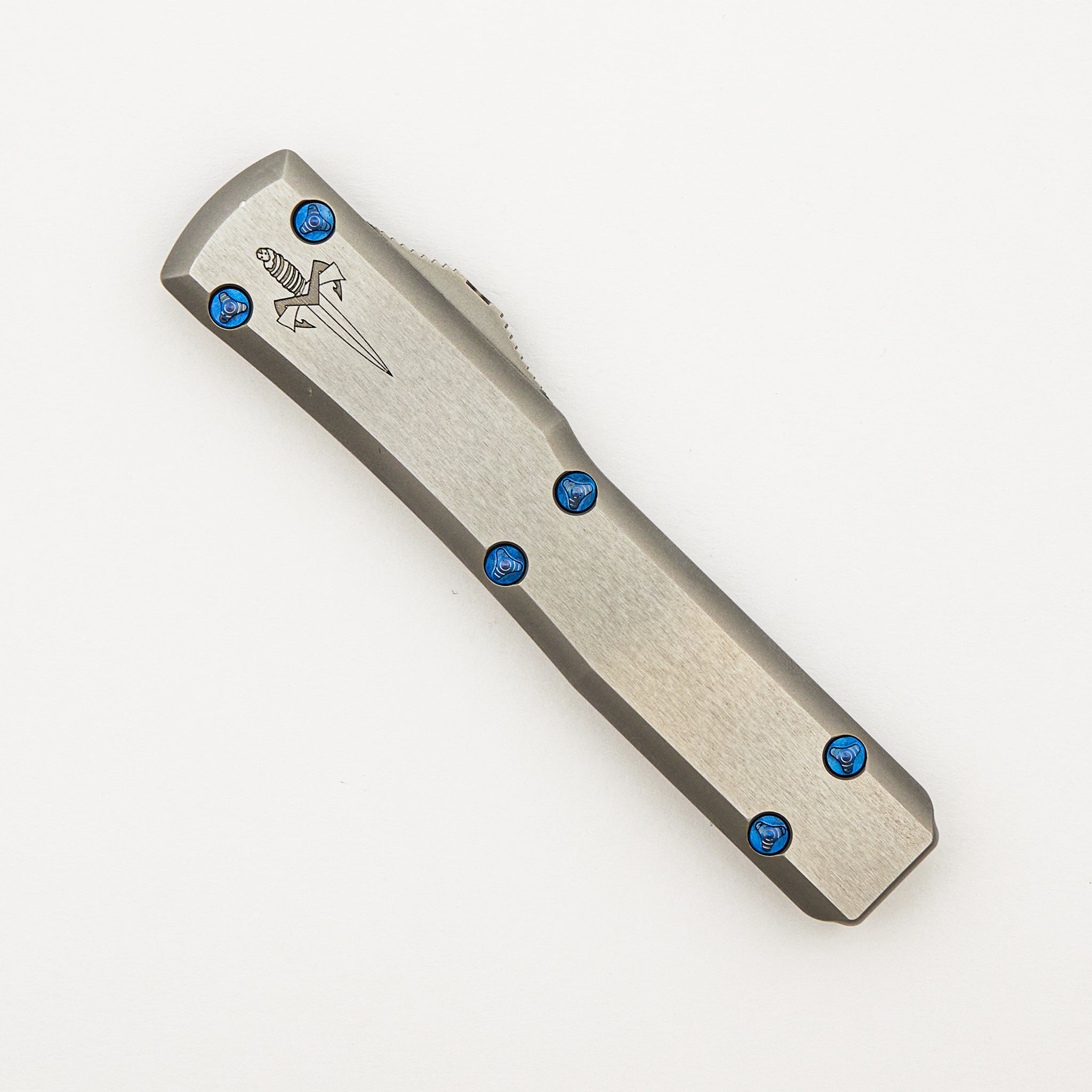 Marfione Custom Knives Ultratech - Hellhound Tanto Mirror Polish - Two-Tone Double Vapor Blast Stainless Steel W/ Ringed Blue HW S/N 005