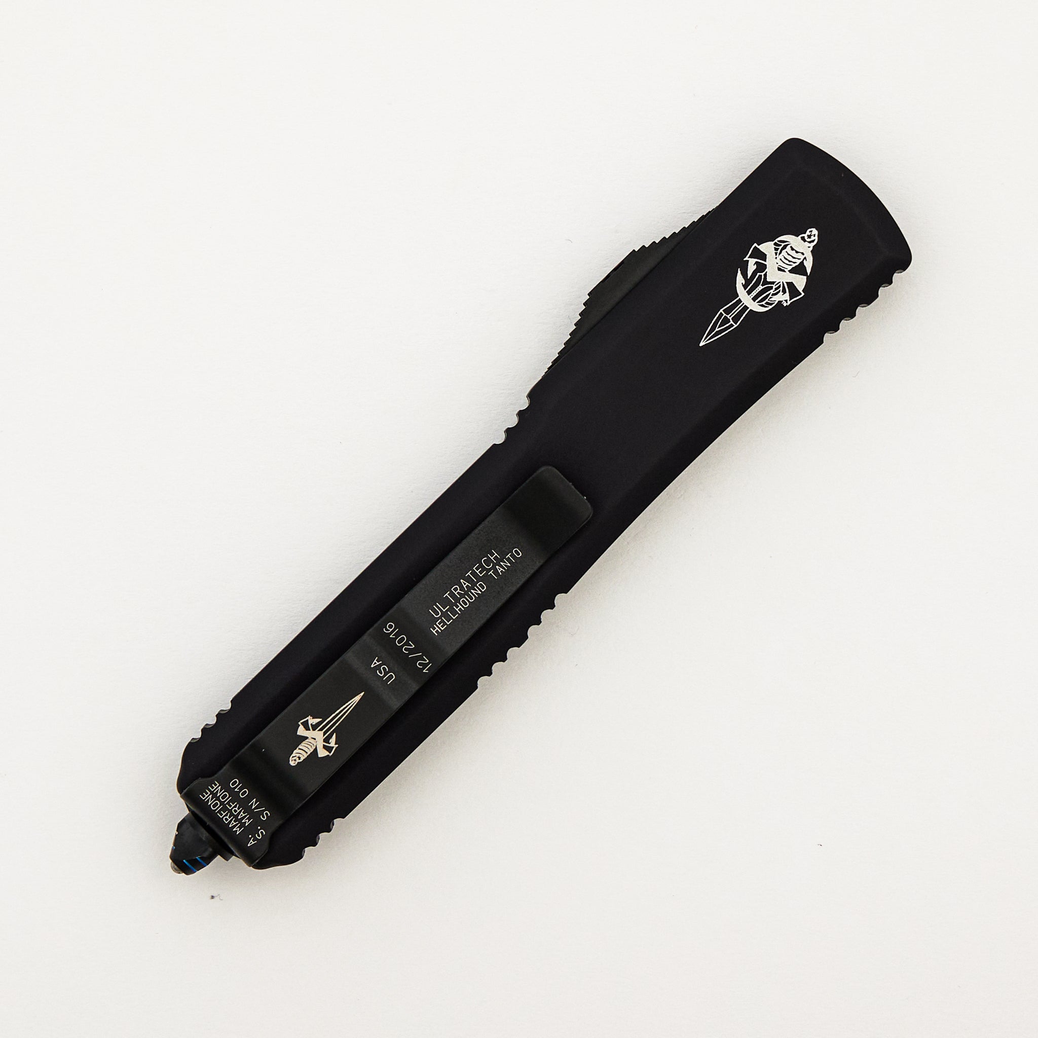 Marfione Custom Knives Ultratech - Hellhound Tanto Fallout Finish - Anodized Alloy W/ Ringed Blued HW S/N 010