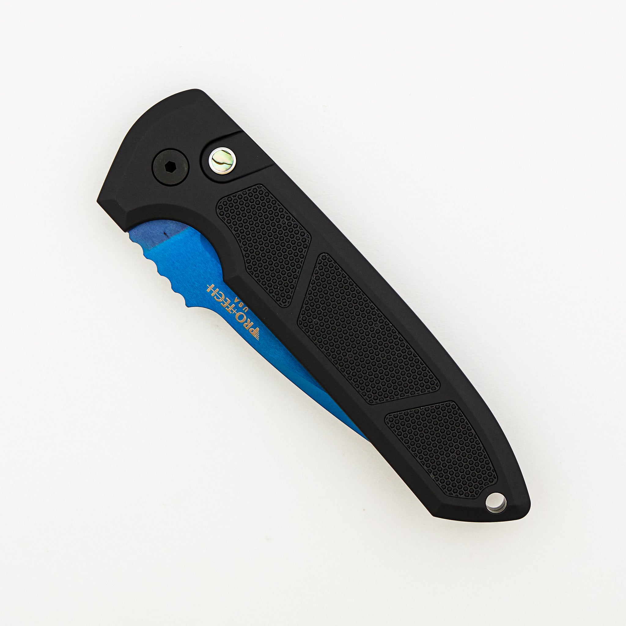 Rockeye Auto - LG307-SB - Textured Black Aluminum Handle - Sapphire Blue S35VN Blade (Les George Design)
