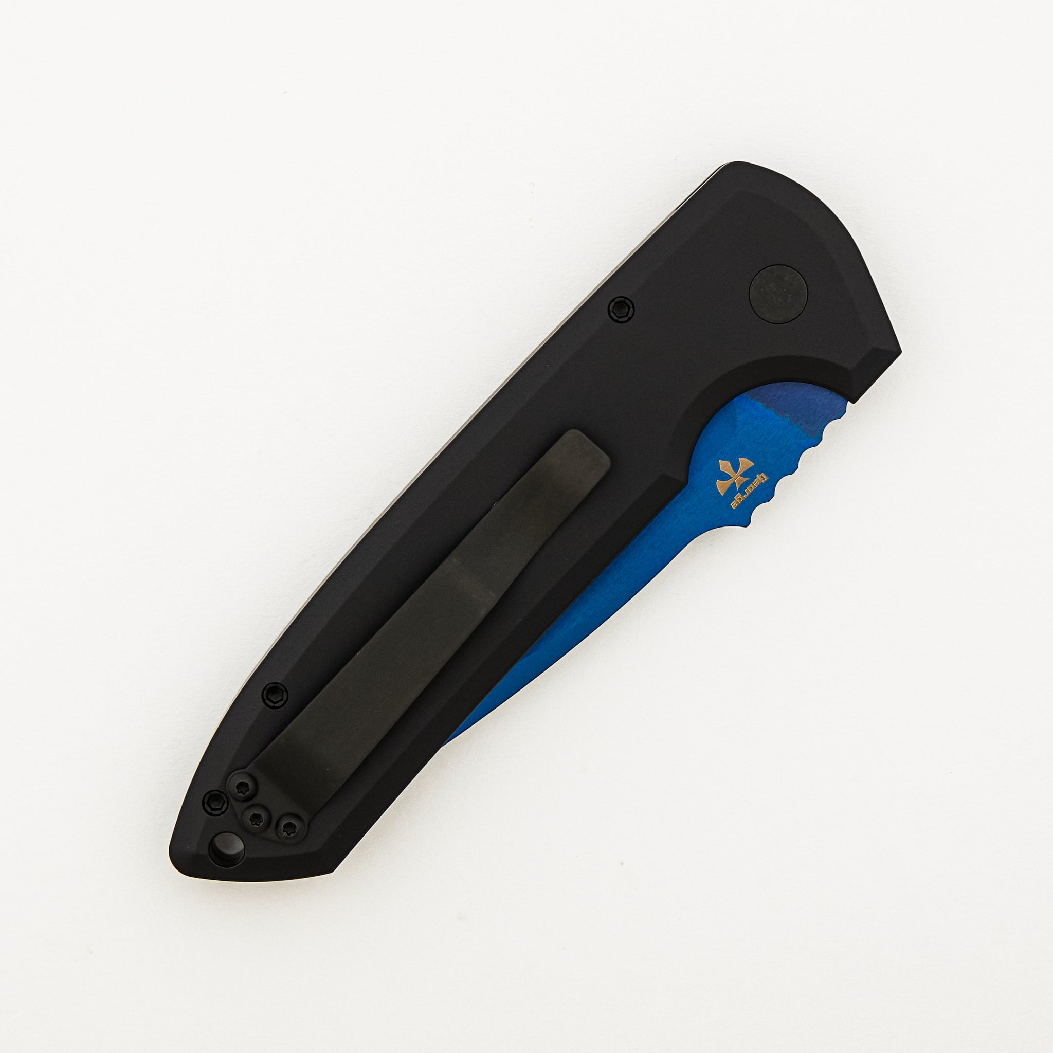 Rockeye Auto - LG307-SB - Textured Black Aluminum Handle - Sapphire Blue S35VN Blade (Les George Design)