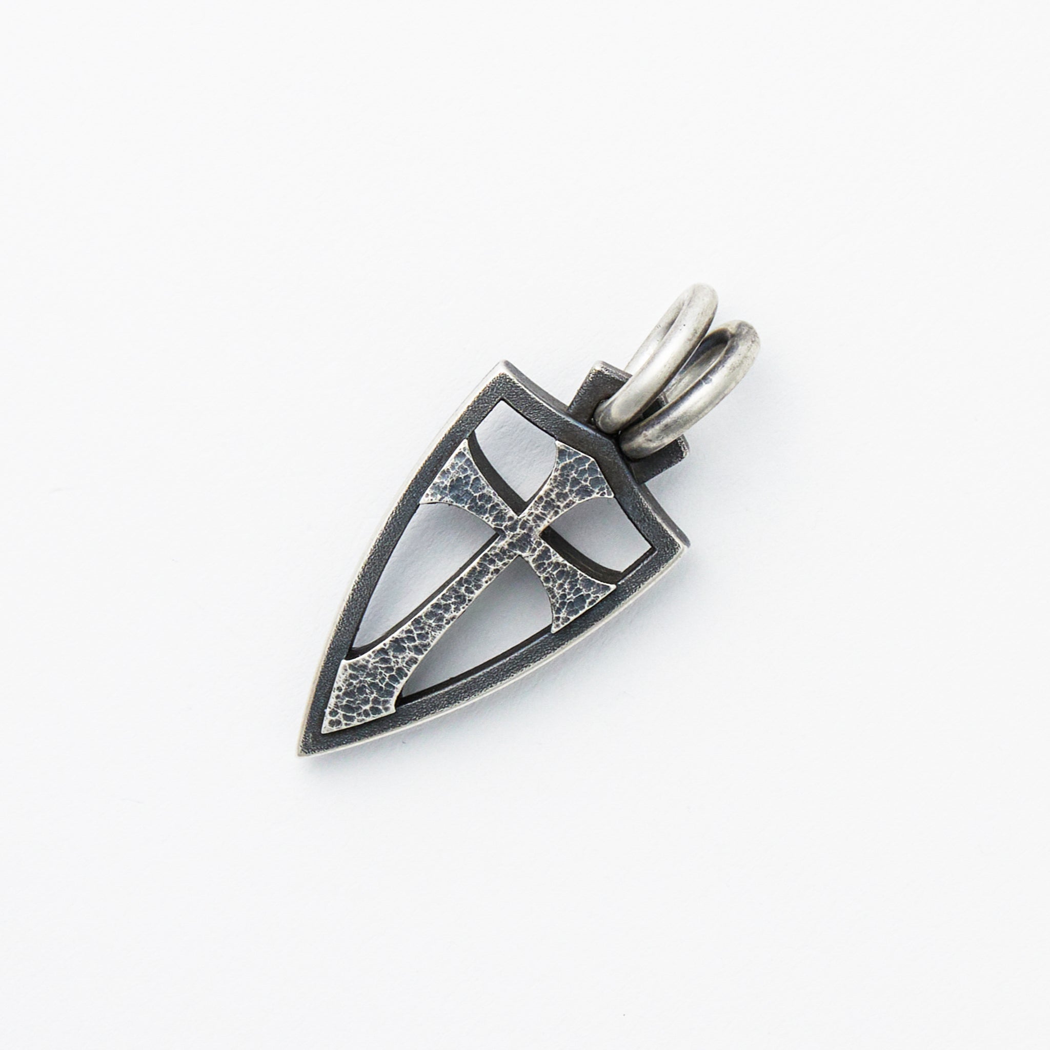 XXL Double Sided Hammered Crusader Shield Pendant - Sterling Silver