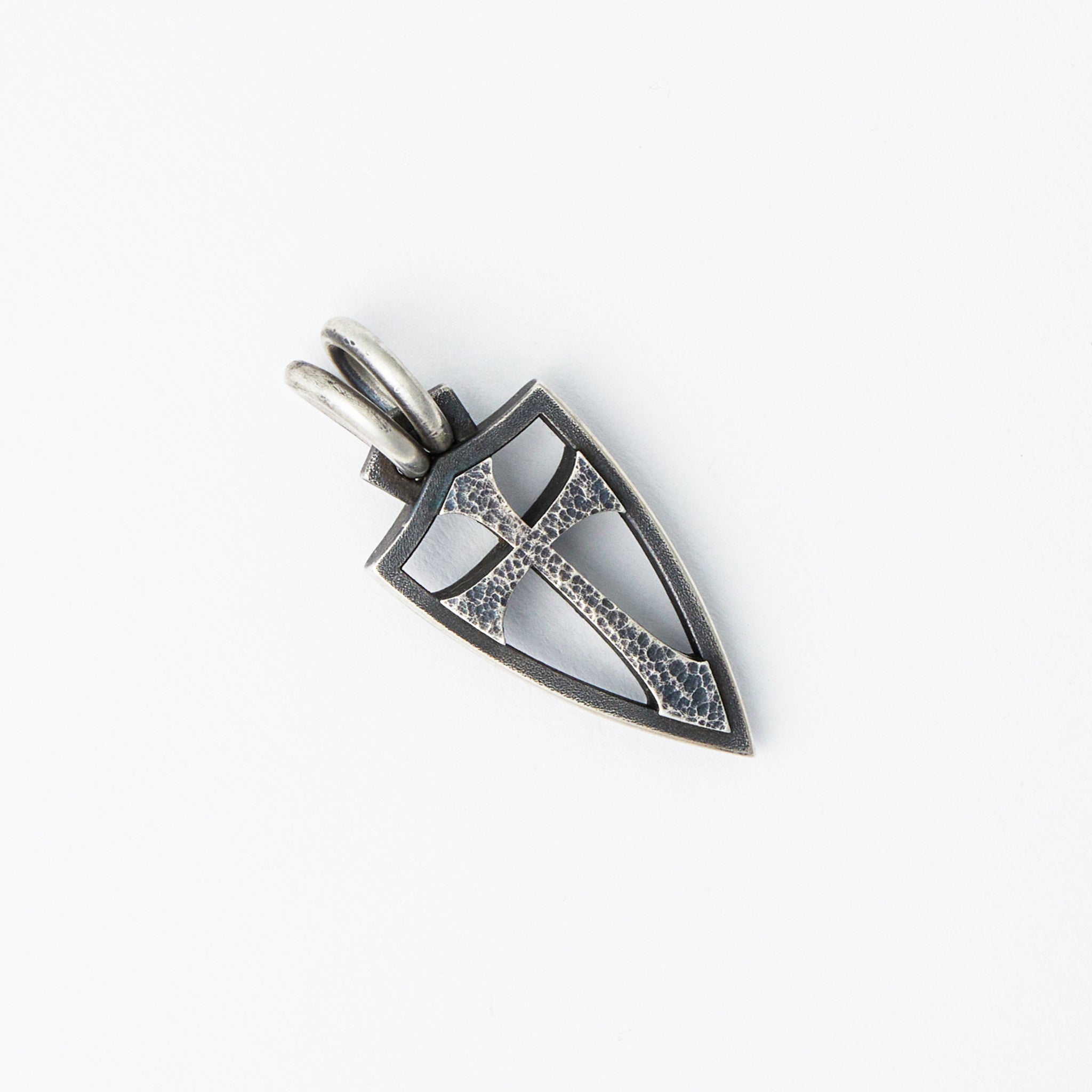XXL Double Sided Hammered Crusader Shield Pendant - Sterling Silver