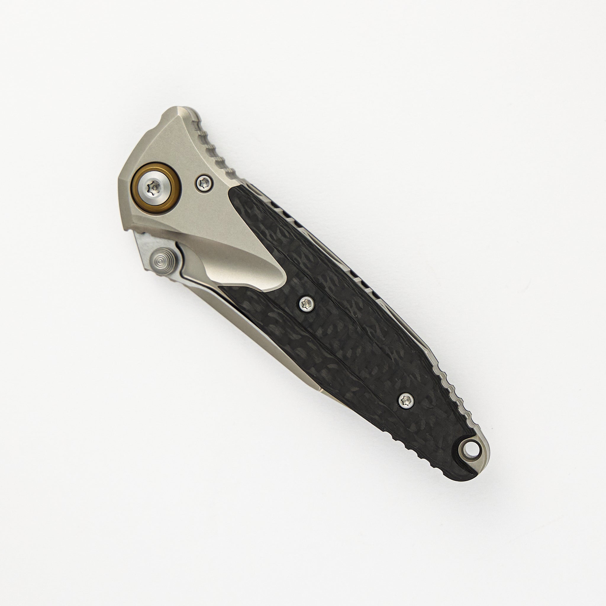Socom Bravo Mini S/E Titanium Handle Bead Blast Standard Partial Serrated Bronze Titanium Pivot Collar Carbon Fiber Scales 260M-8 CFTI