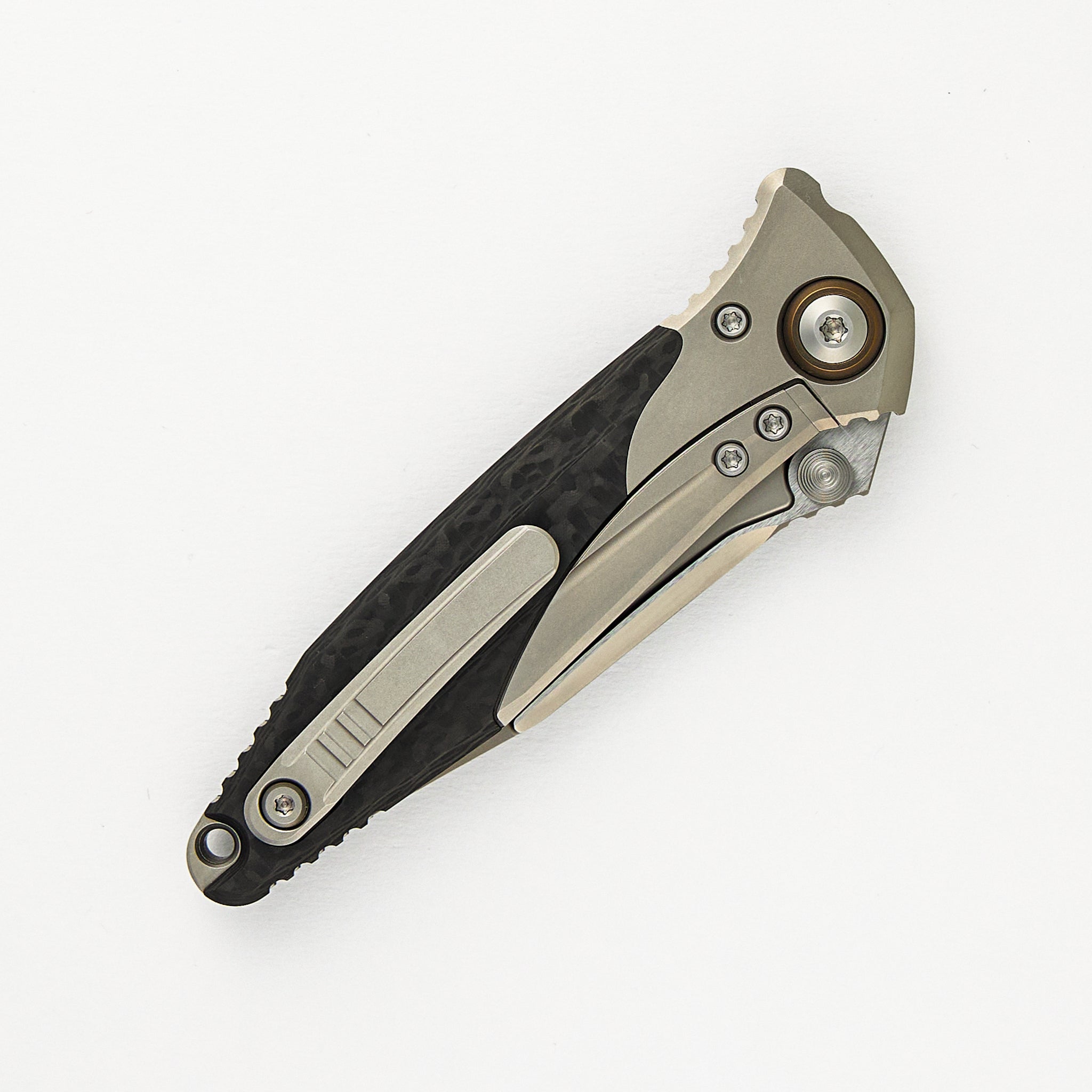 Socom Bravo Mini S/E Titanium Handle Bead Blast Standard Partial Serrated Bronze Titanium Pivot Collar Carbon Fiber Scales 260M-8 CFTI