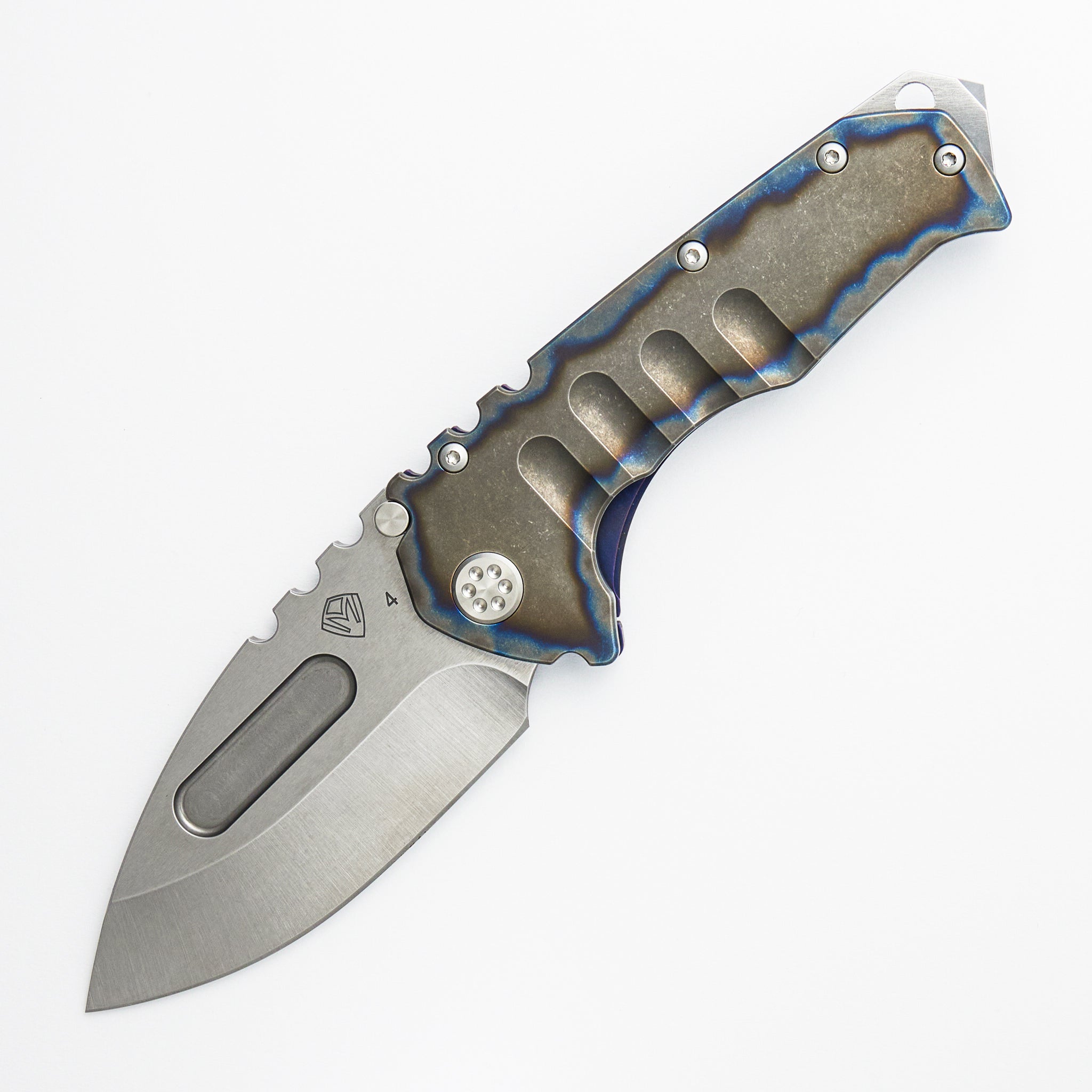 Prae T - Drop Point Tumbled S45VN Blade - Old Style Tumbled W/ Flamed Perimeters Titanium Handle