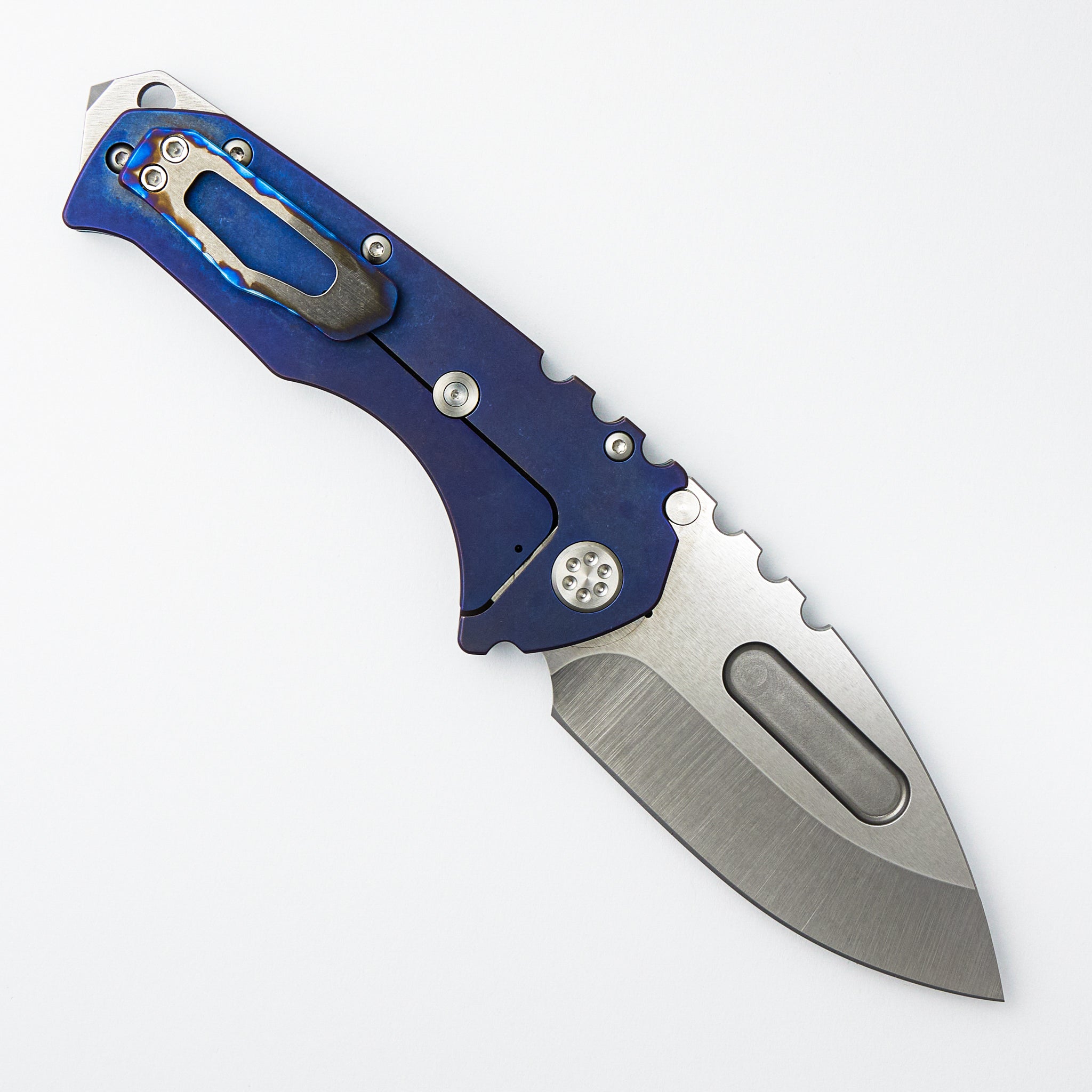 Prae T - Drop Point Tumbled S45VN Blade - Old Style Tumbled W/ Flamed Perimeters Titanium Handle