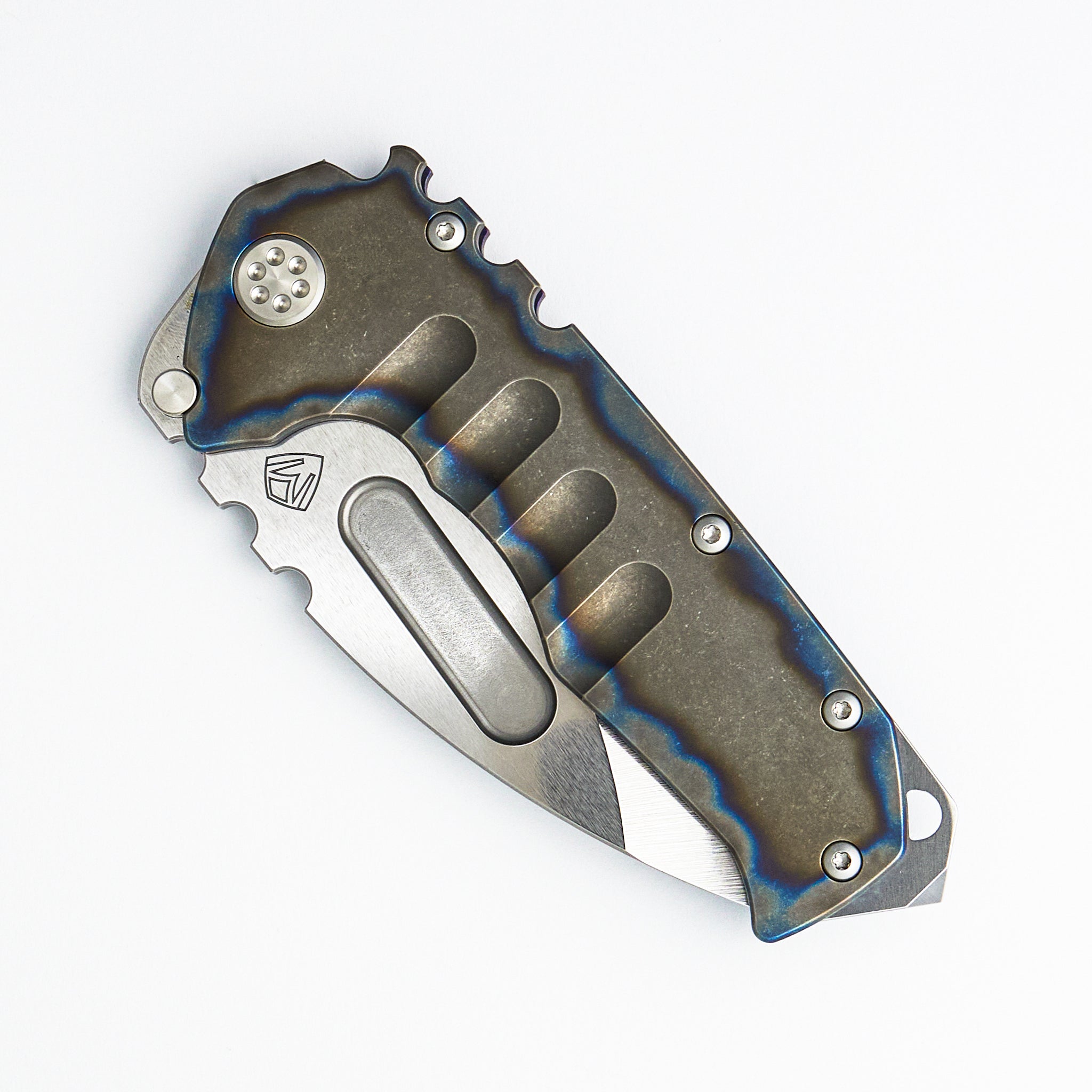 Prae T - Drop Point Tumbled S45VN Blade - Old Style Tumbled W/ Flamed Perimeters Titanium Handle