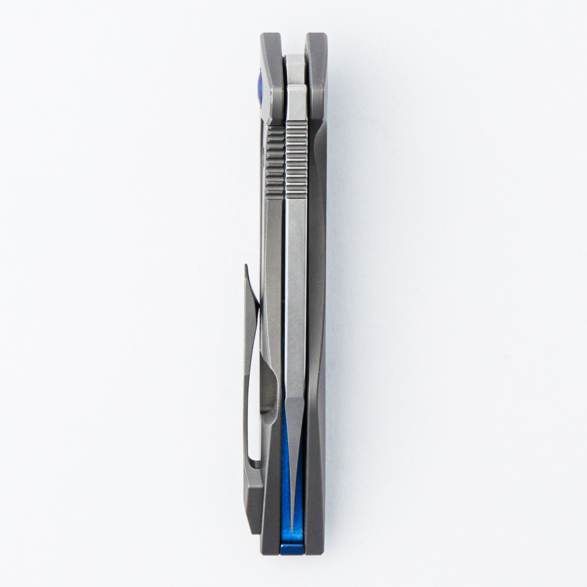 Mini Goblin - Smooth Titanium Handle - Blue Hardware - Burnished W/ Polished Flats M390 Blade