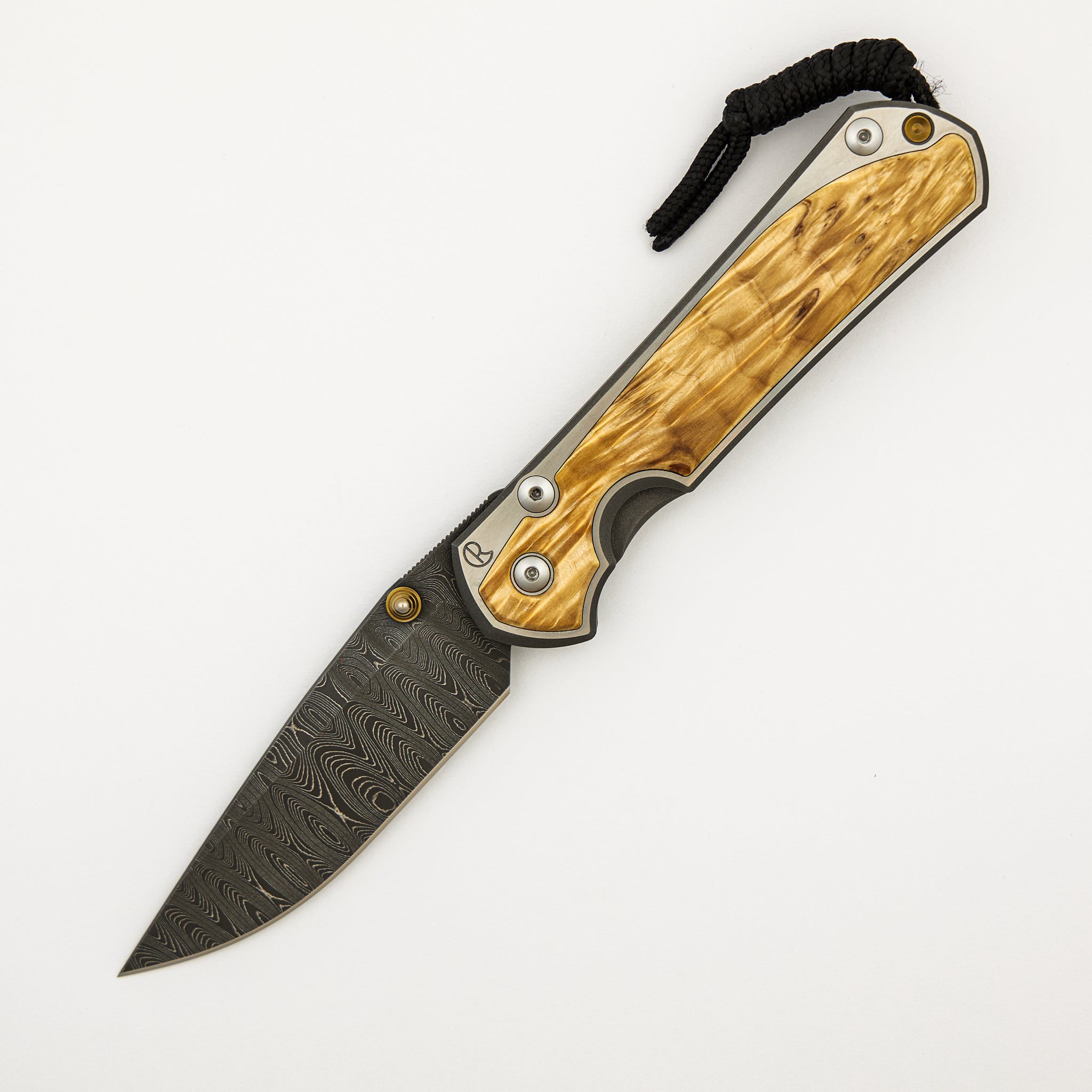 Large Sebenza 31 - Box Elder Inlay - Chad Nichols Stainless Ladder Blade - Gold Single Thumb Lug