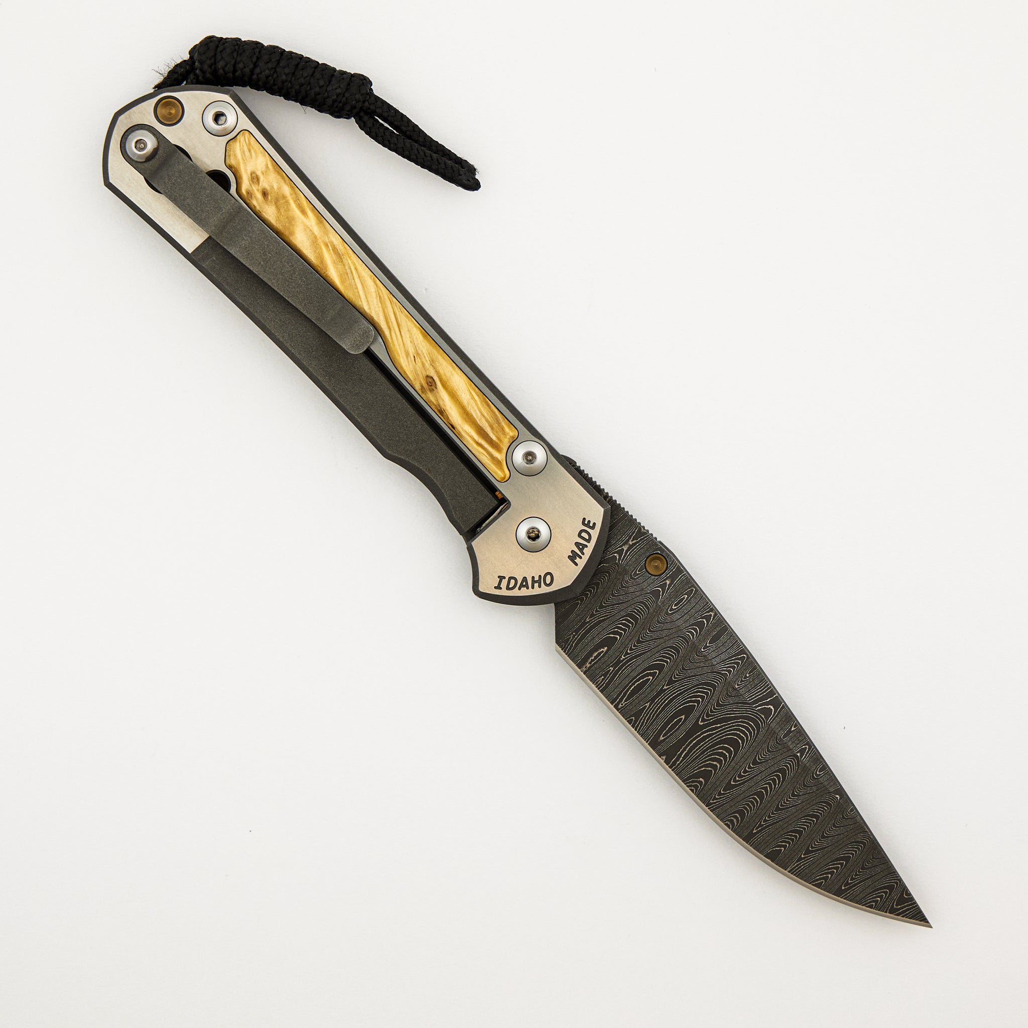 Large Sebenza 31 - Box Elder Inlay - Chad Nichols Stainless Ladder Blade - Gold Single Thumb Lug